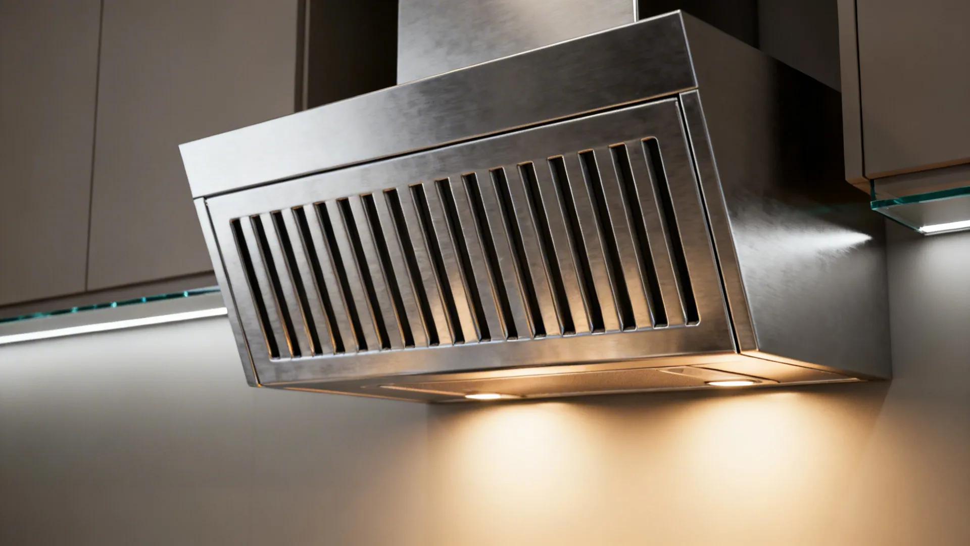 Macro view of a stainless baffle-filter range hood with soft task lighting over the cooktop.