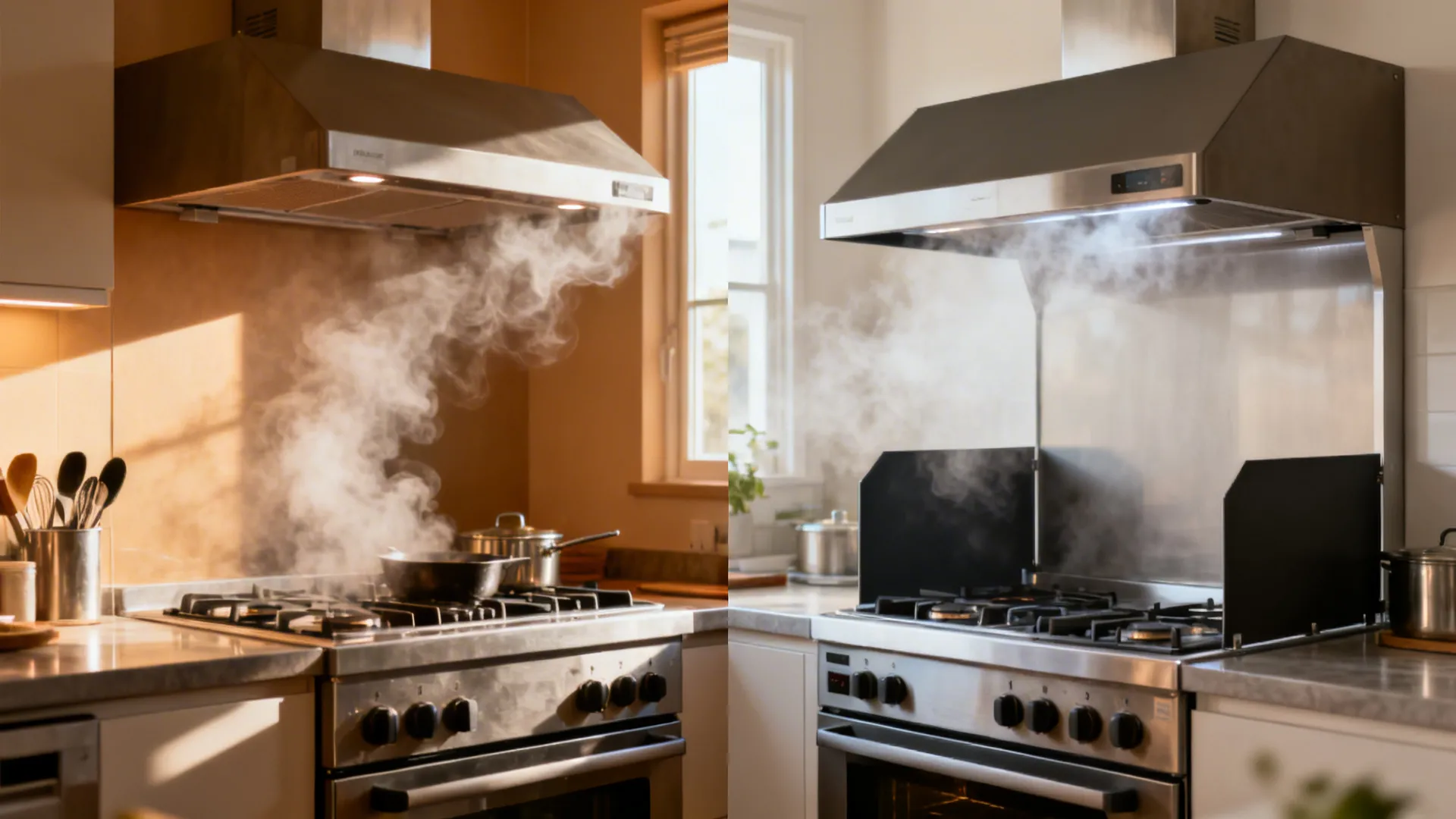 Before-and-after of a compact cookline showing poor capture with a shallow hood versus full containment with a deep canopy.