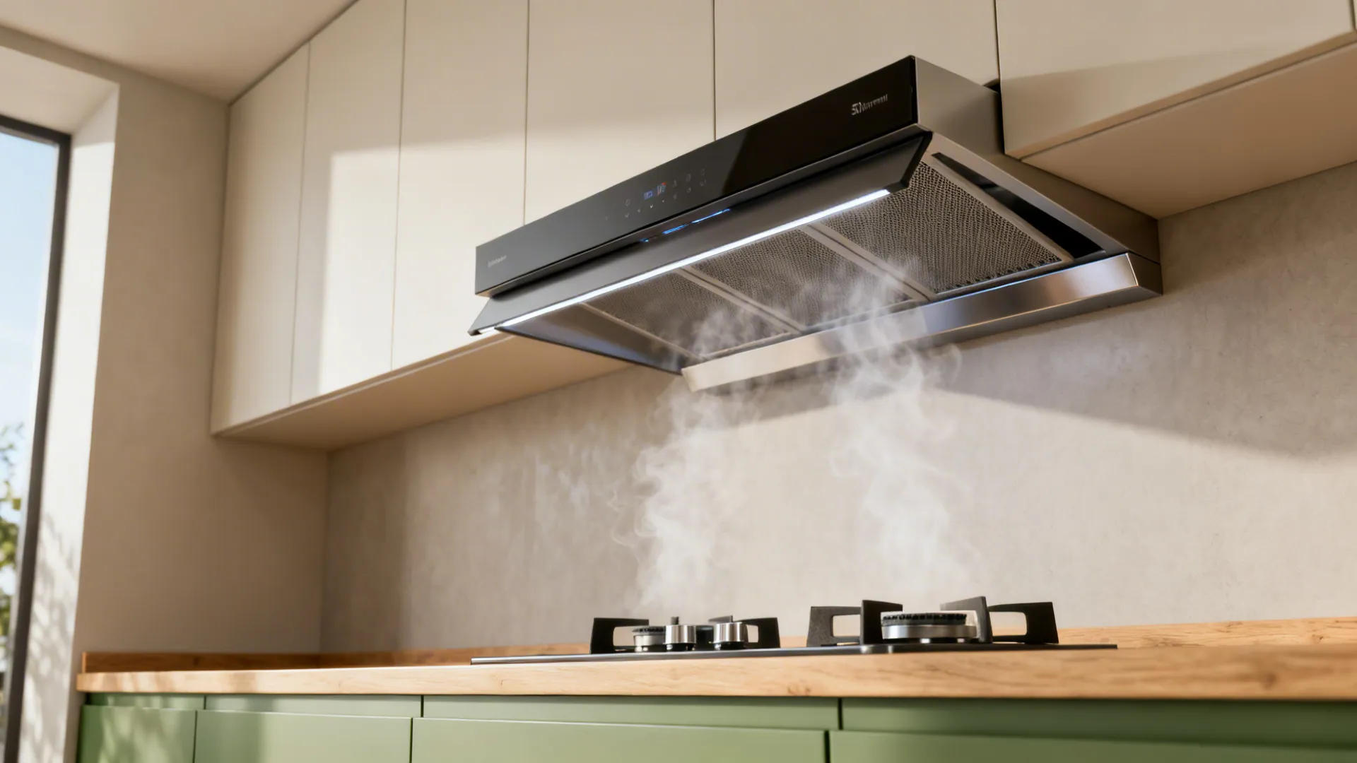 Modern black kitchen vent catching steam above gas stove with wood countertop and green cabinets