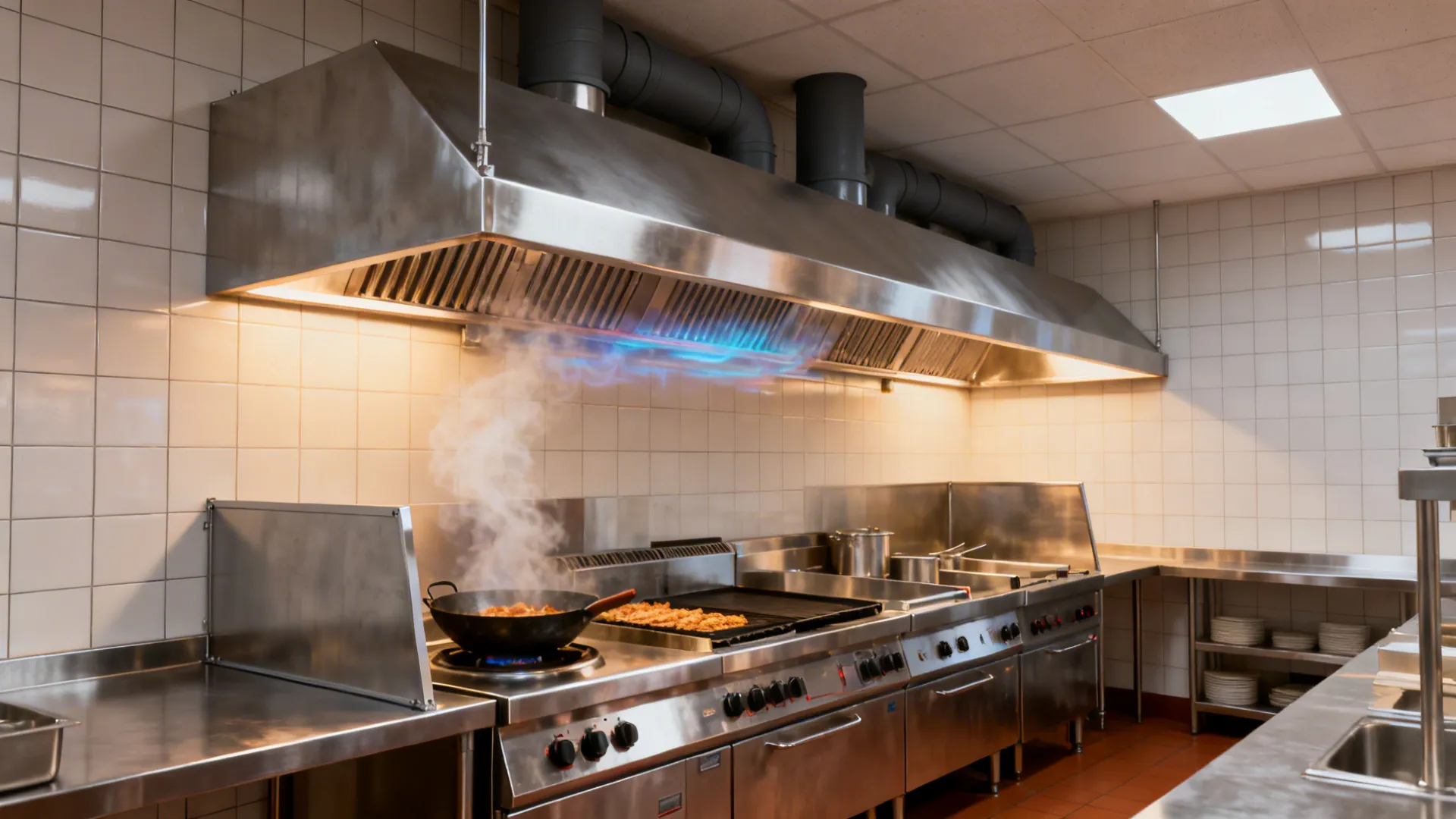 Type I hood with extended overhangs and side panels capturing plumes over wok and fryer.