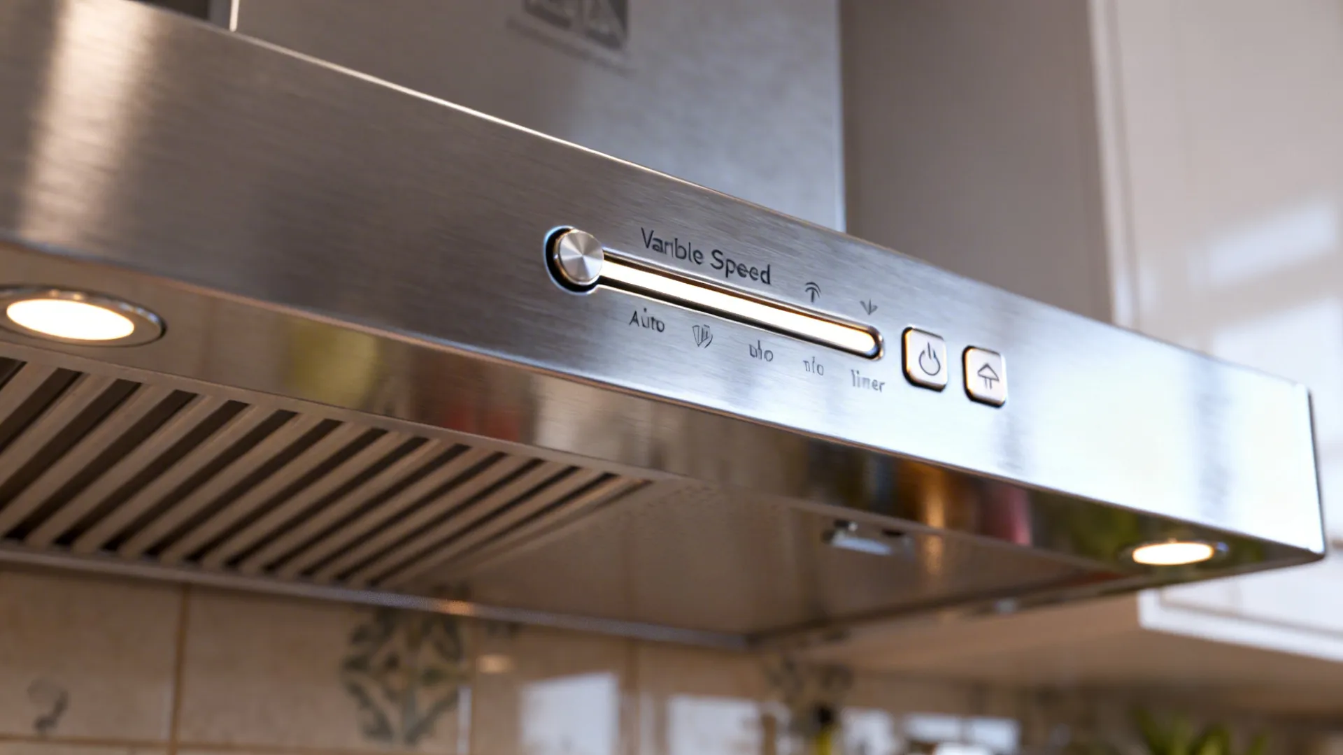Close up view of stainless steel kitchen hood control panel with variable speed buttons and lights