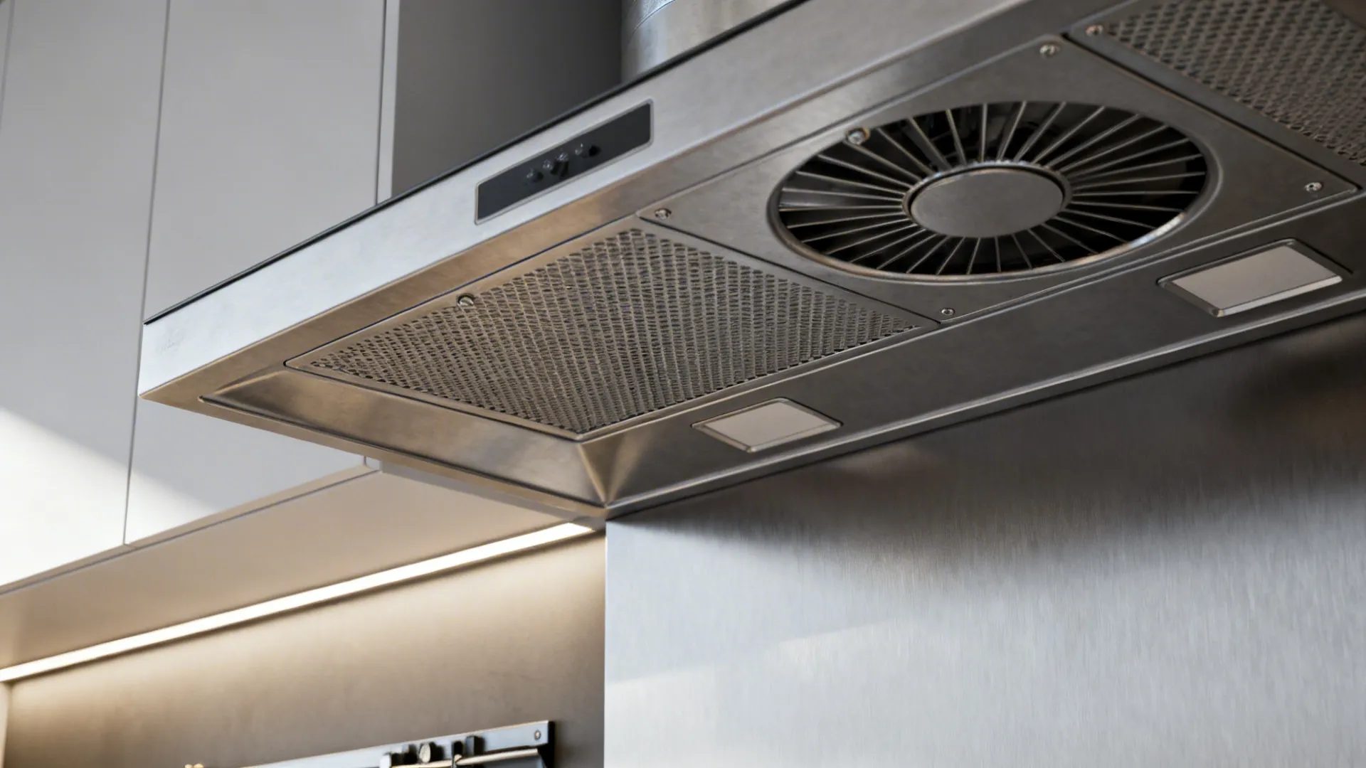 Close-up of ducted hood baffle filter with matte backsplash and soft daylight.