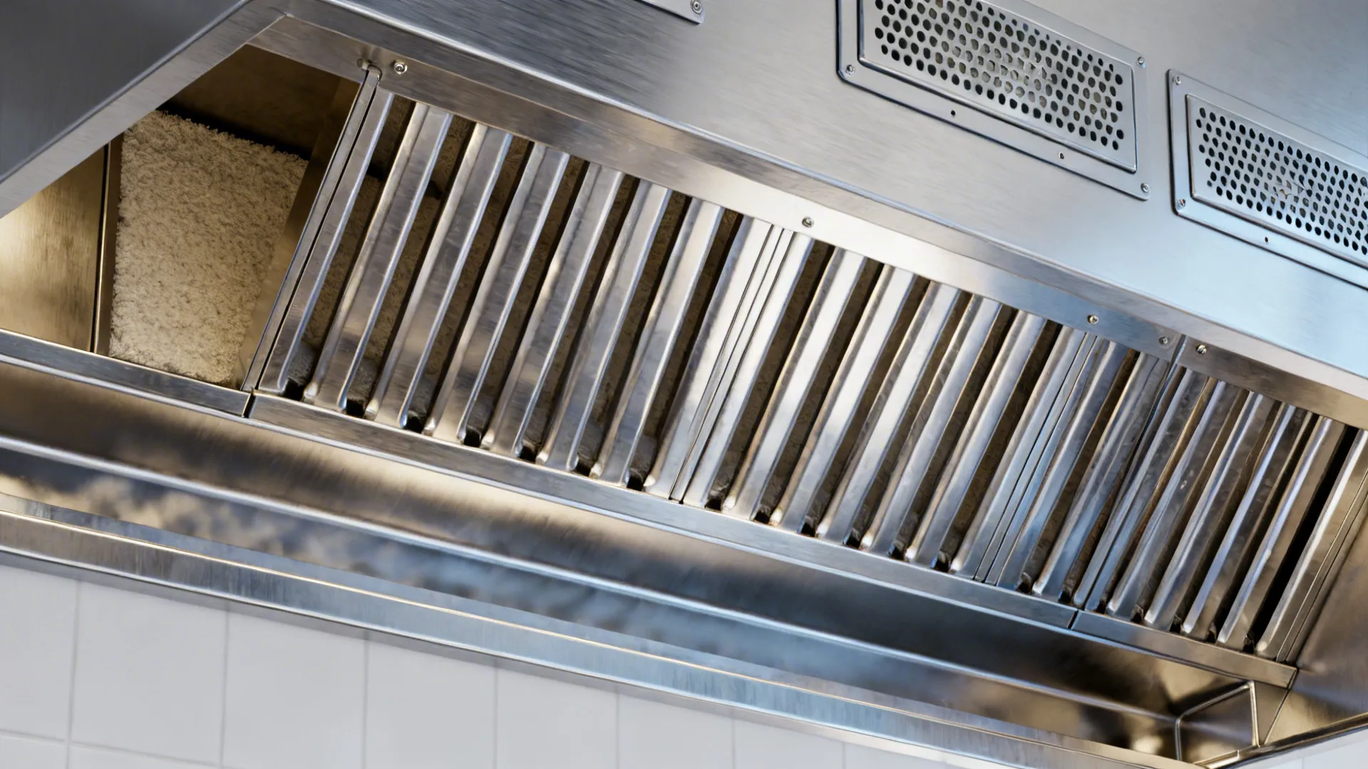Close-up of stainless baffle filters and nearby make-up air diffuser in a kitchen hood.