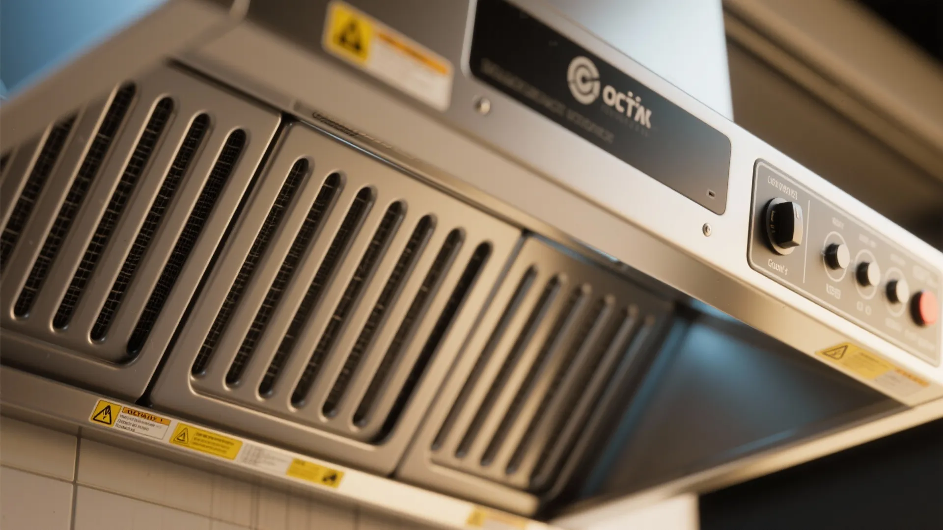 Close up view of a silver metal kitchen stove vent hood with buttons and filter