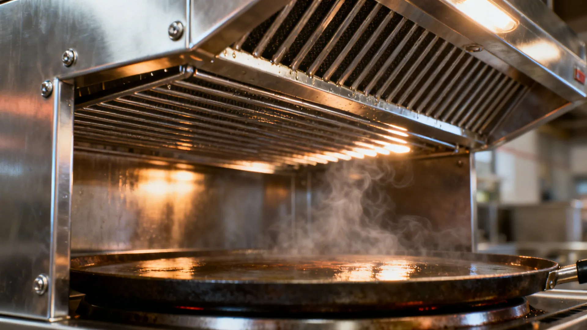 Close-up of a clean stainless baffle grease filter above a hot tawa griddle.