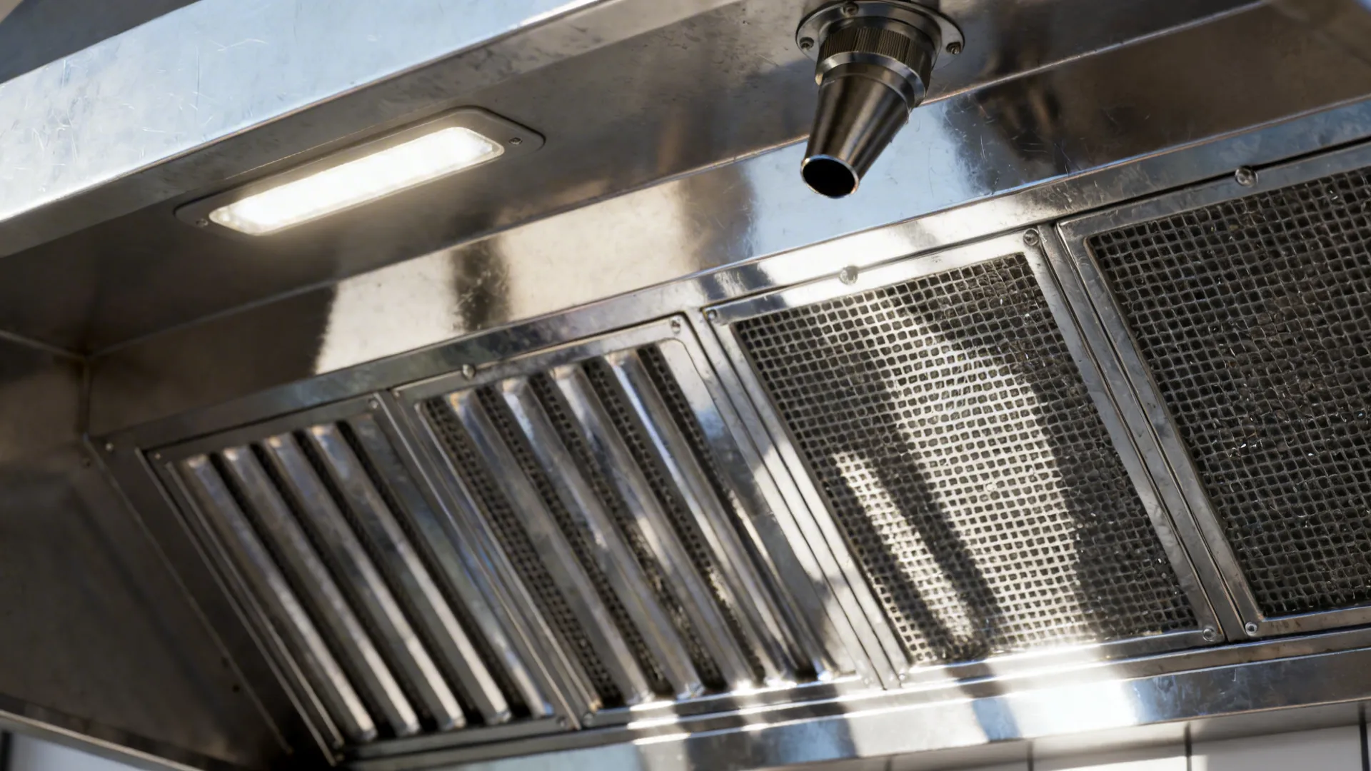 Close-up of stainless hood baffle filters with a visible suppression nozzle.