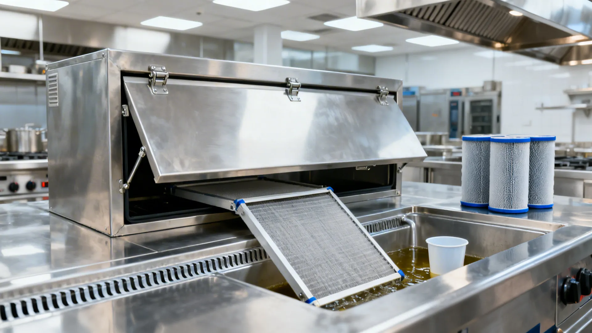 Type I hood with baffle filters sliding out and deep grease trough with removable cup.