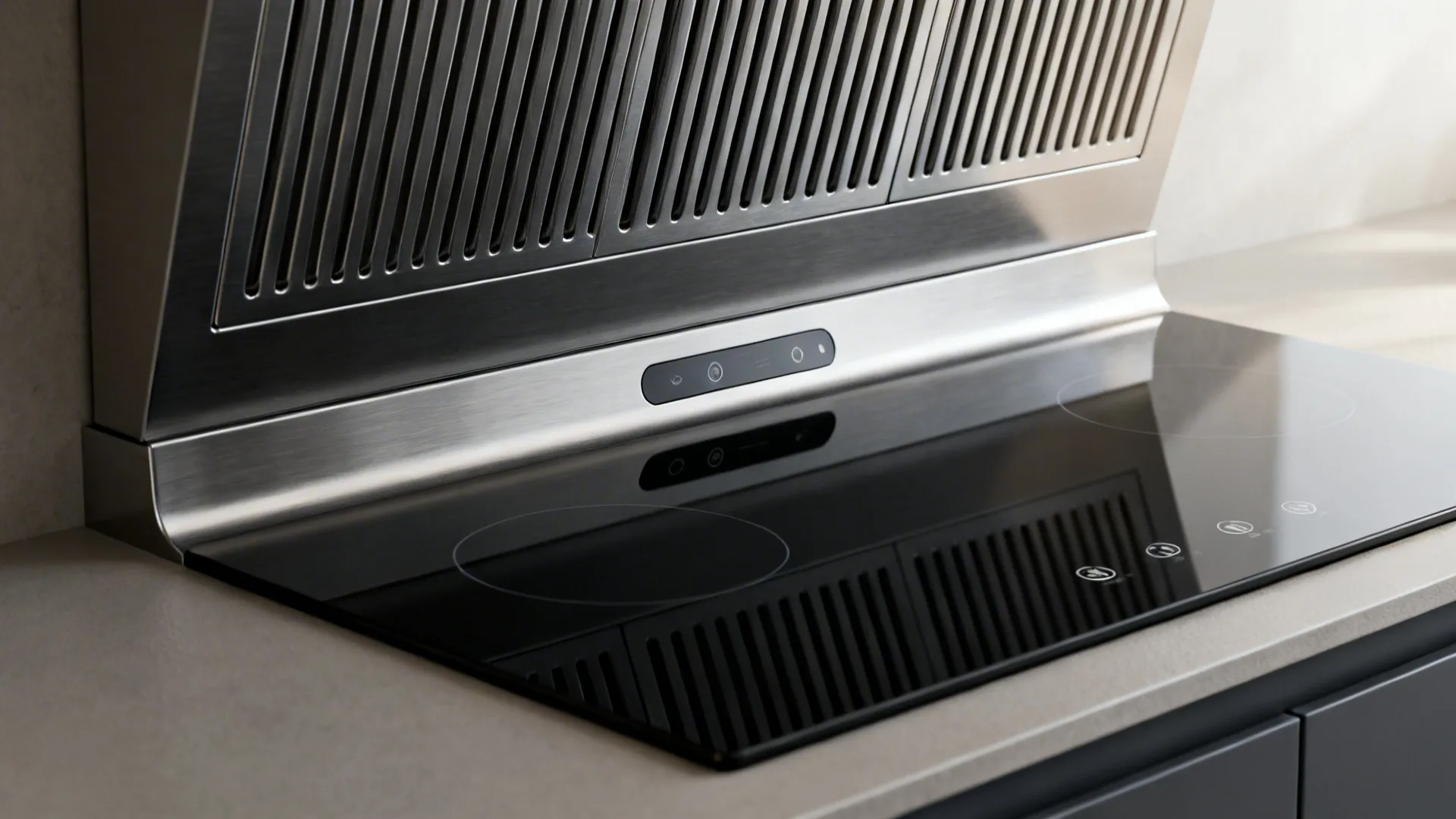 Stainless steel range hood above black glass induction cooktop on a light stone kitchen countertop