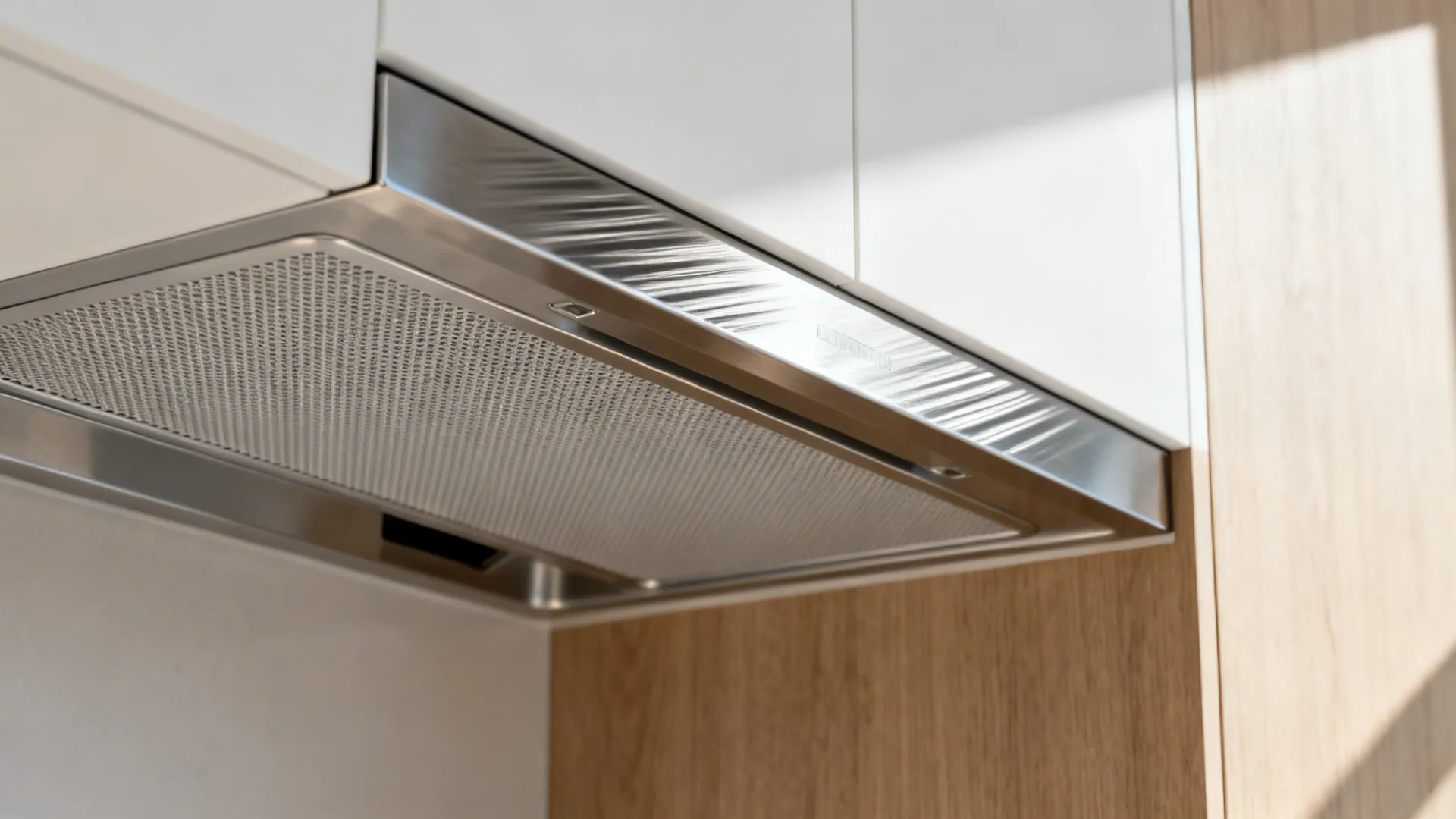Macro view of a hidden hood intake with stainless baffle filter beneath a cabinet valance.