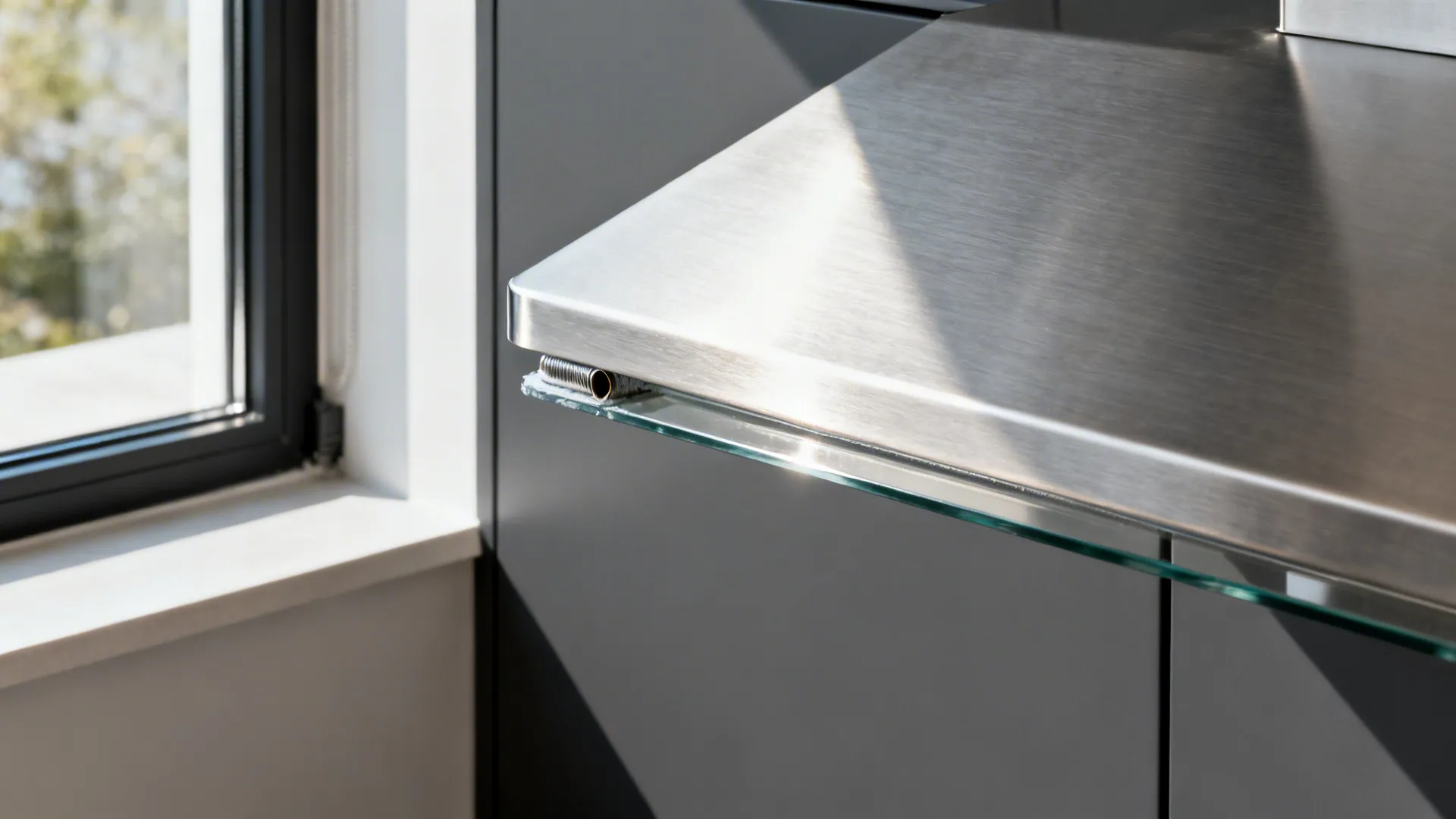 Close-up of a slim stainless hood near a window jamb with clean sealing.