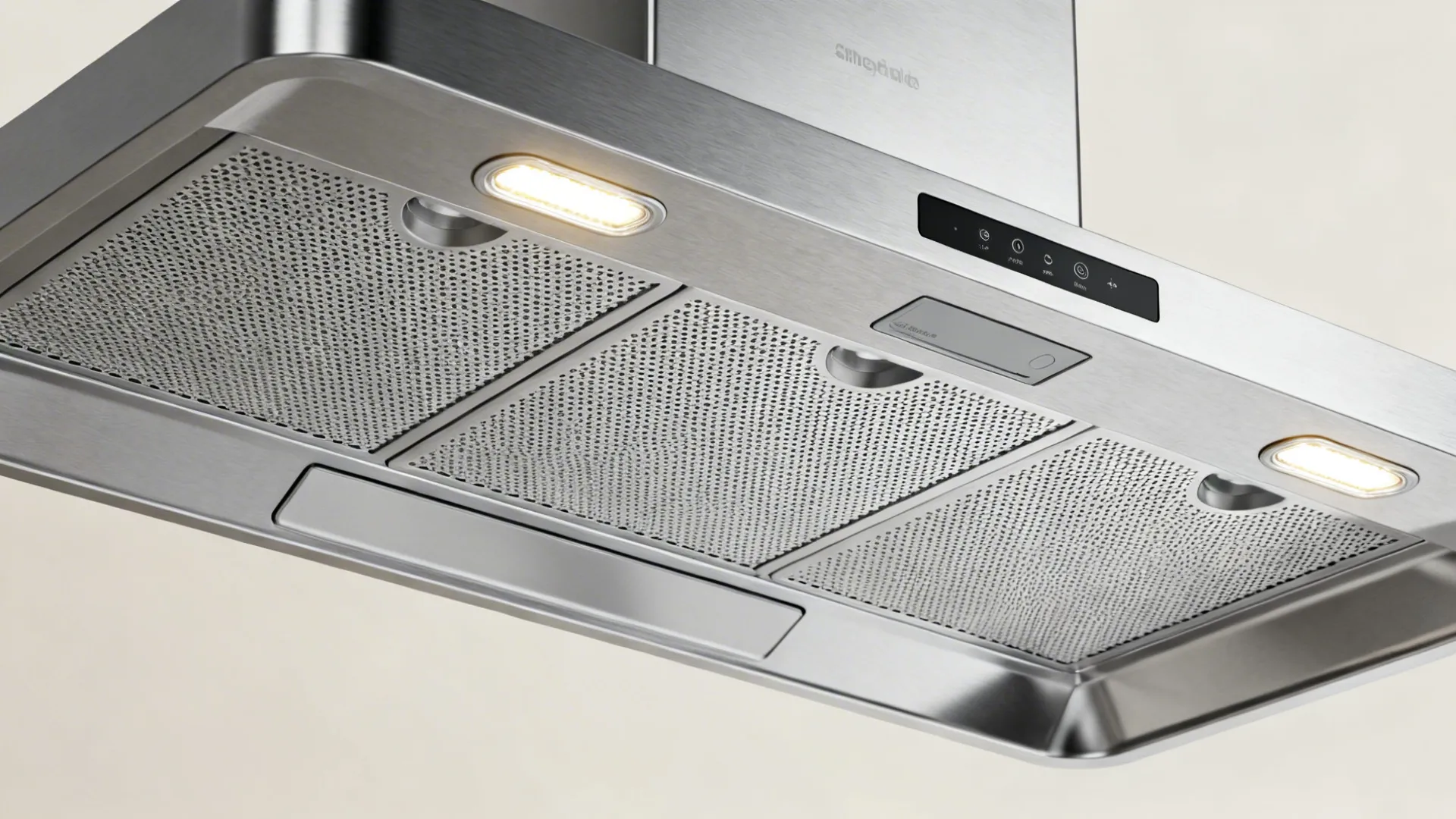 Close-up of electric chimney underside with LED lights and stainless baffle filters.