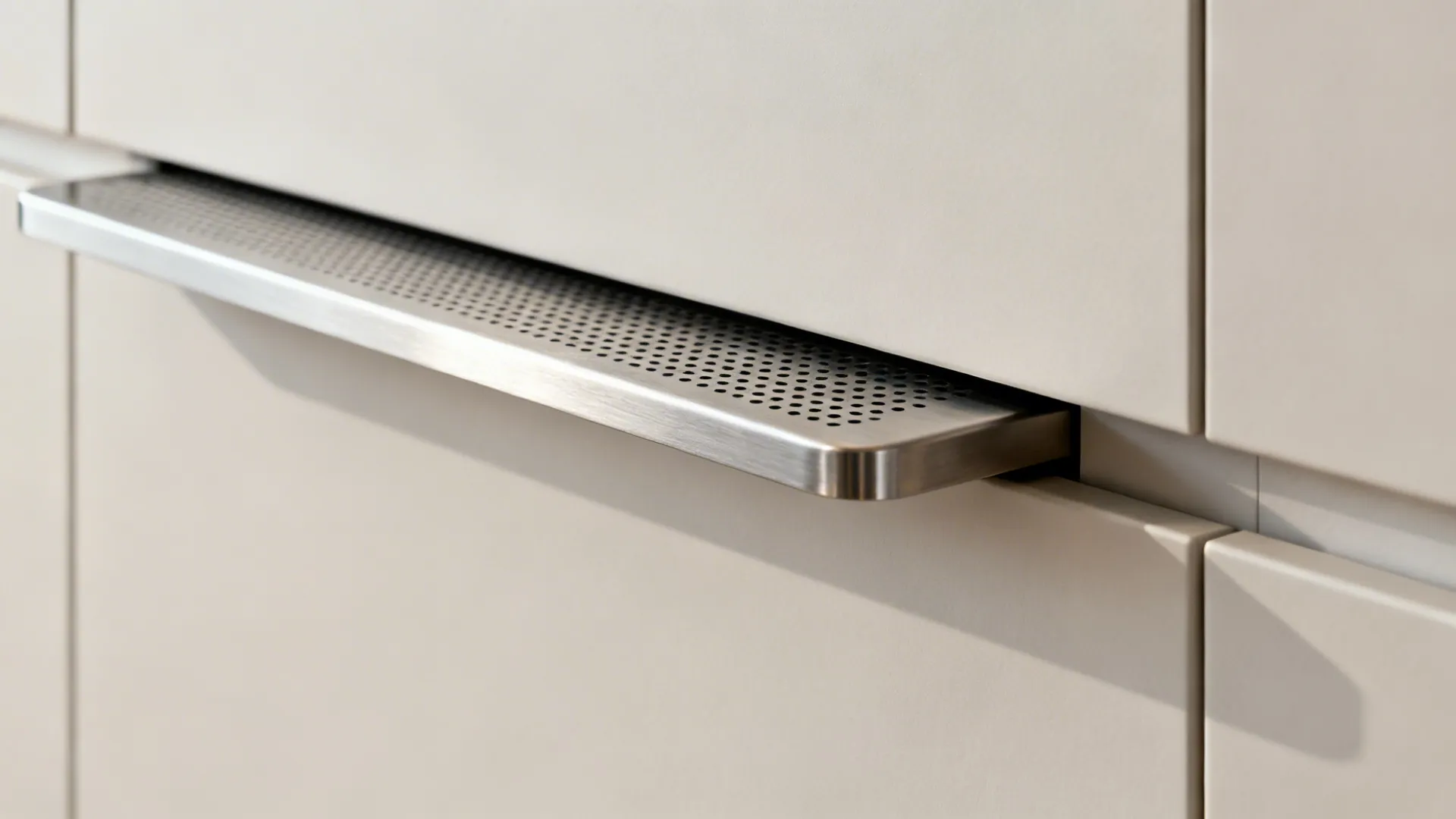 Macro of a cabinet-integrated hood’s stainless front lip and matte cabinet texture.