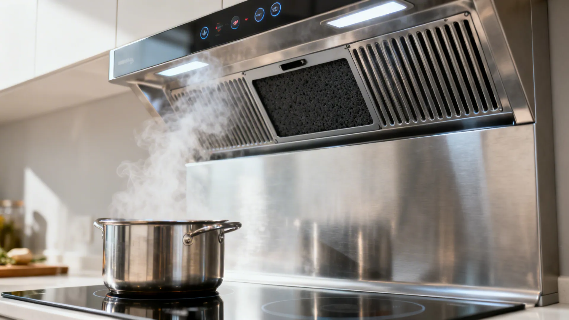 Macro of a deep-capture range hood with filters above an induction cooktop.