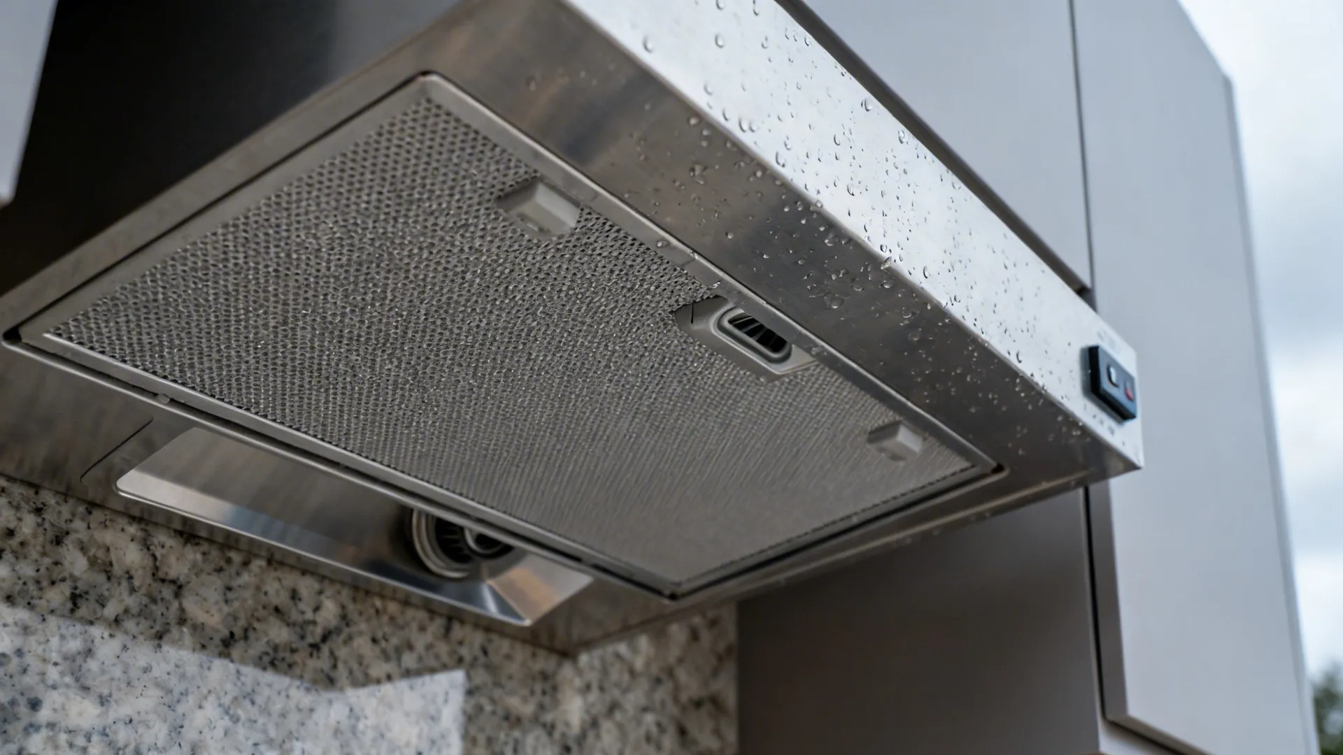 Macro detail of stainless vent hood baffle next to quartz return and matte cabinet finish.