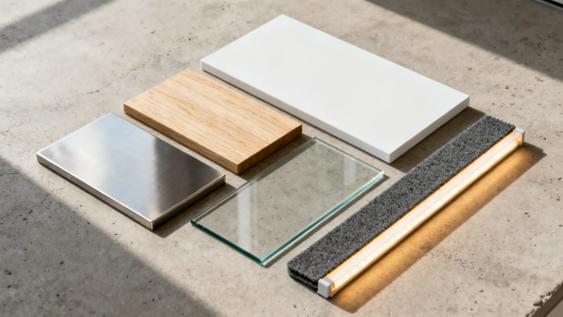 Flat lay of stainless, light oak, matte white, tempered glass, and a charcoal filter for a kitchen.
