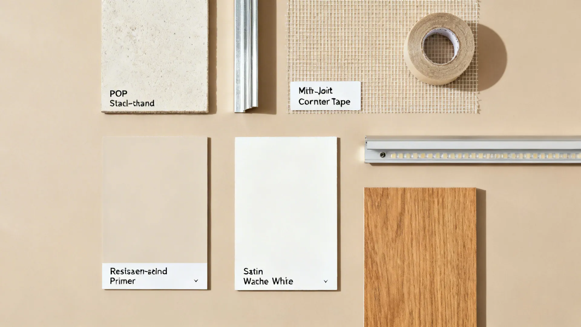 Flat lay of POP plaster, metal bead, mesh tape, primer, satin paint chip, oak laminate, and LED profile.
