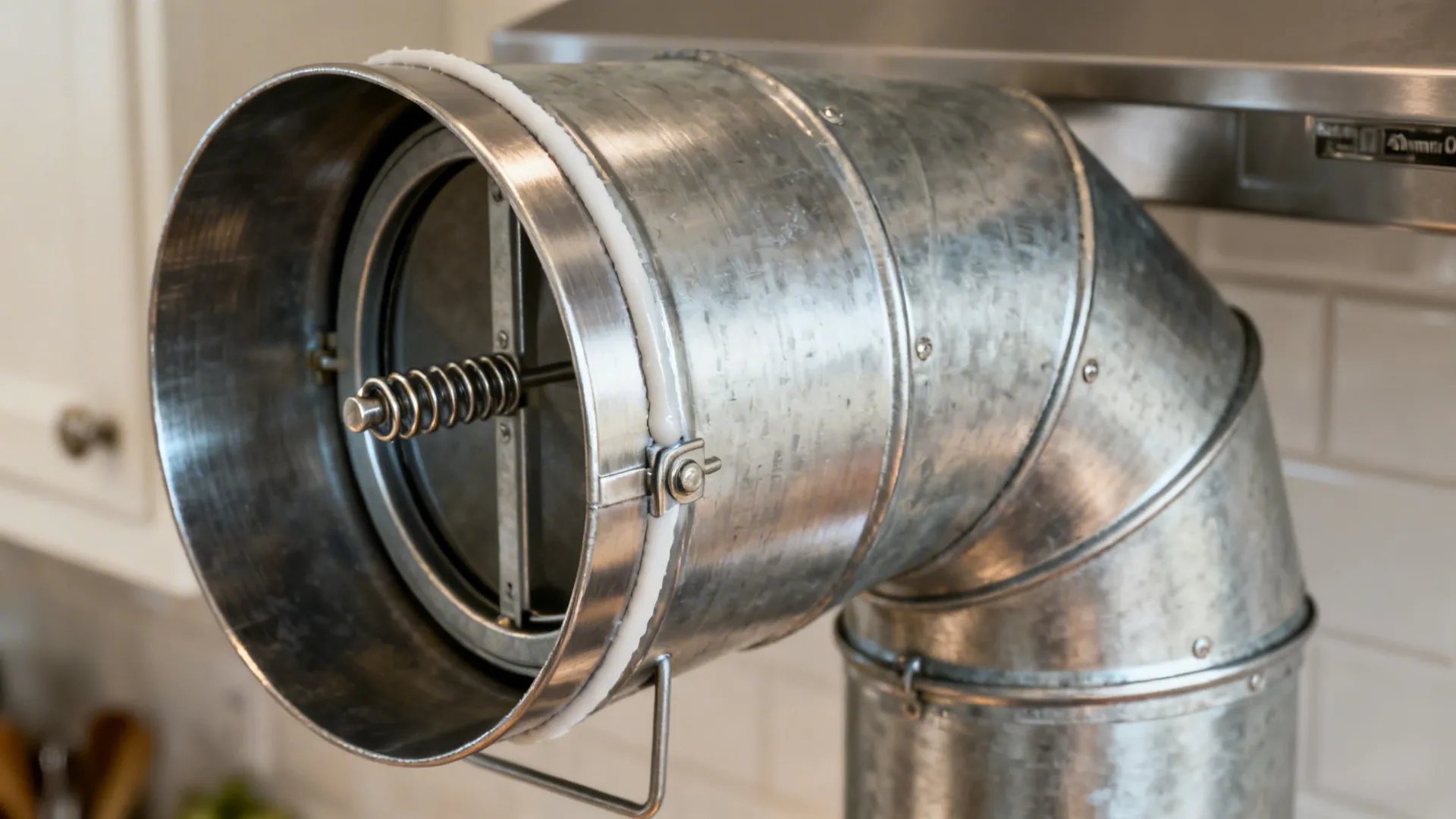 Macro view of a 150 mm rigid duct with a backdraft damper at the hood outlet.