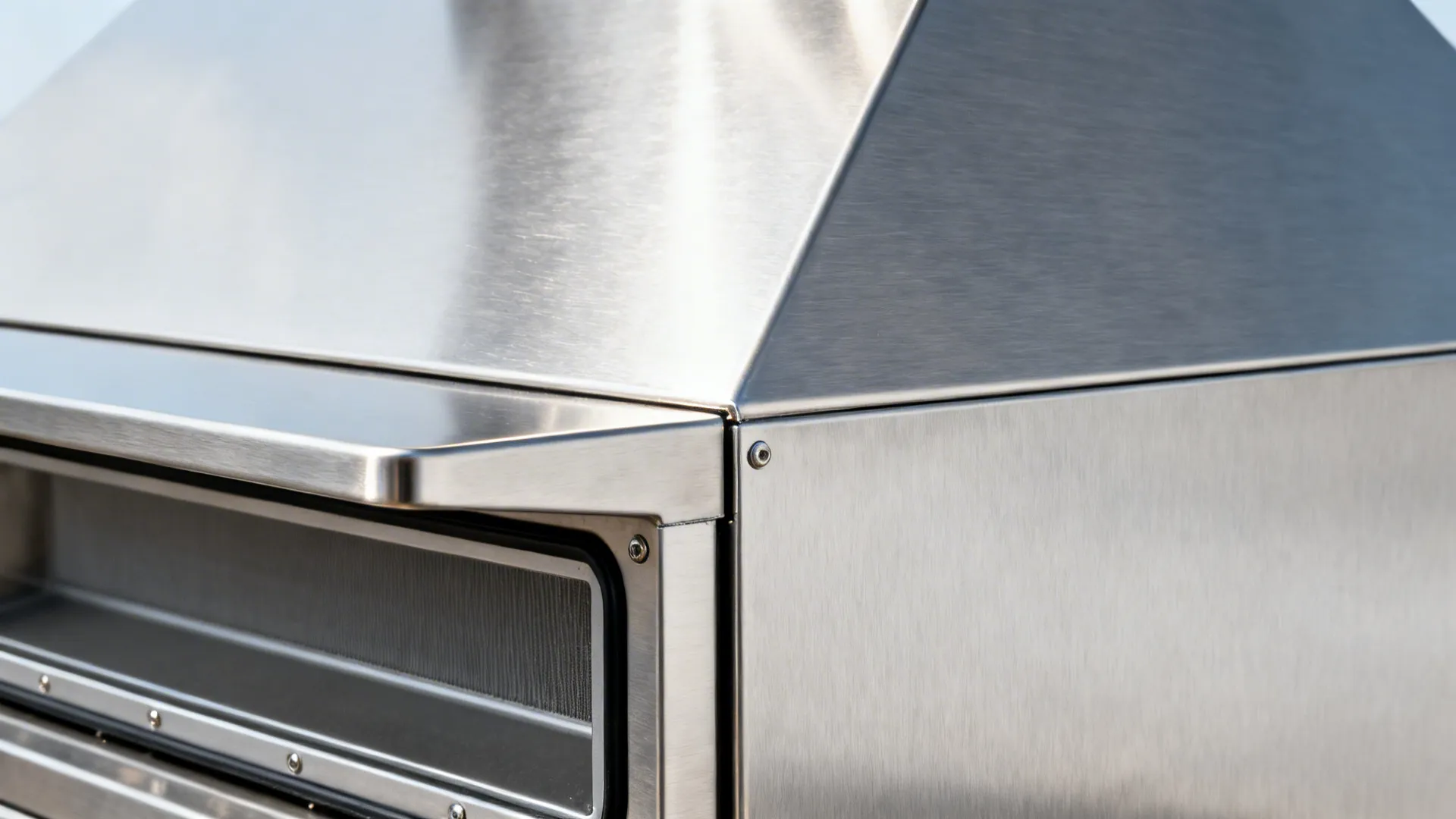 Close-up of stainless hood overhang and side panel junction with baffle frame.