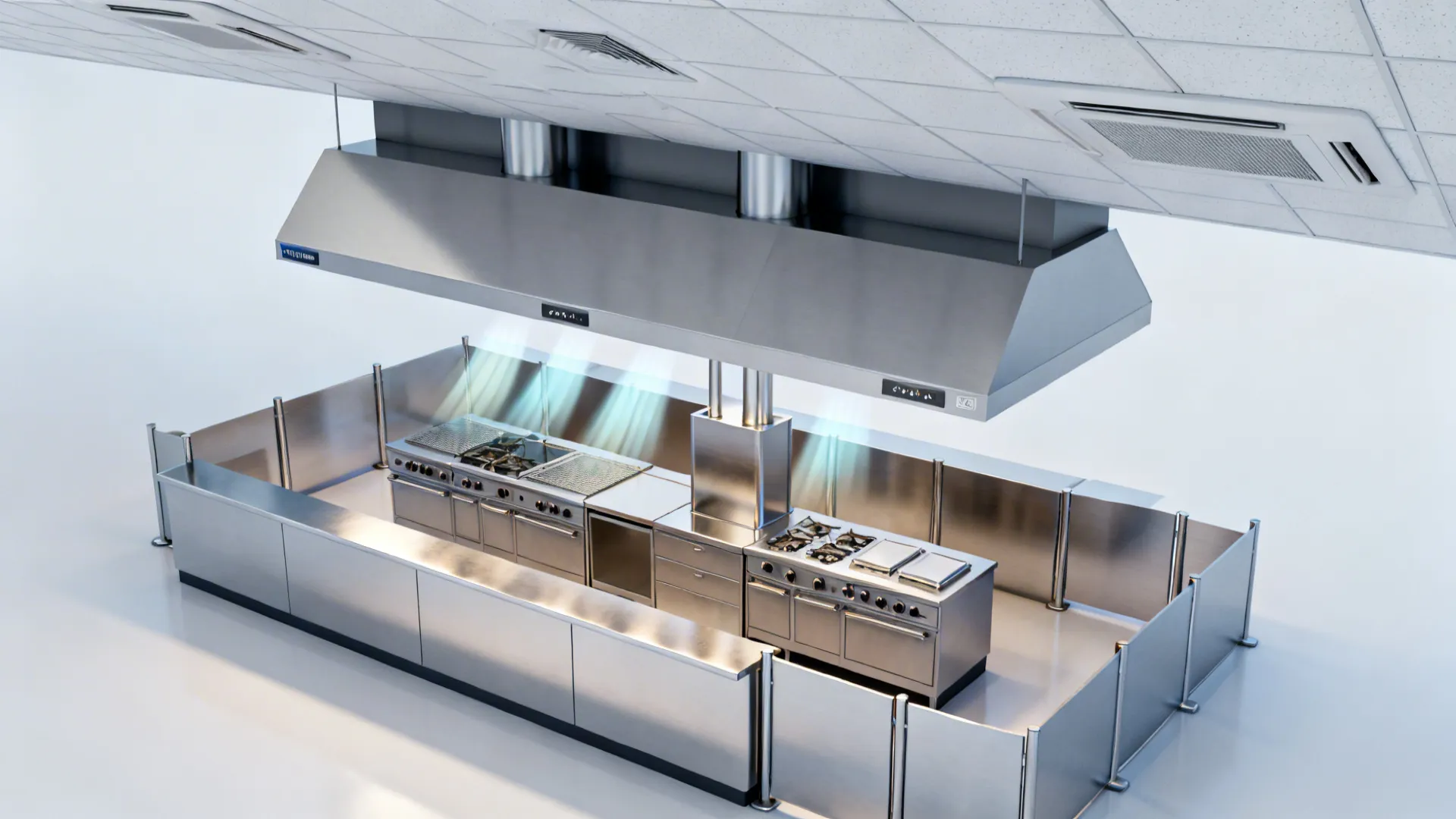 Interior design drawing of a commercial kitchen with stainless steel stoves and large exhaust hood
