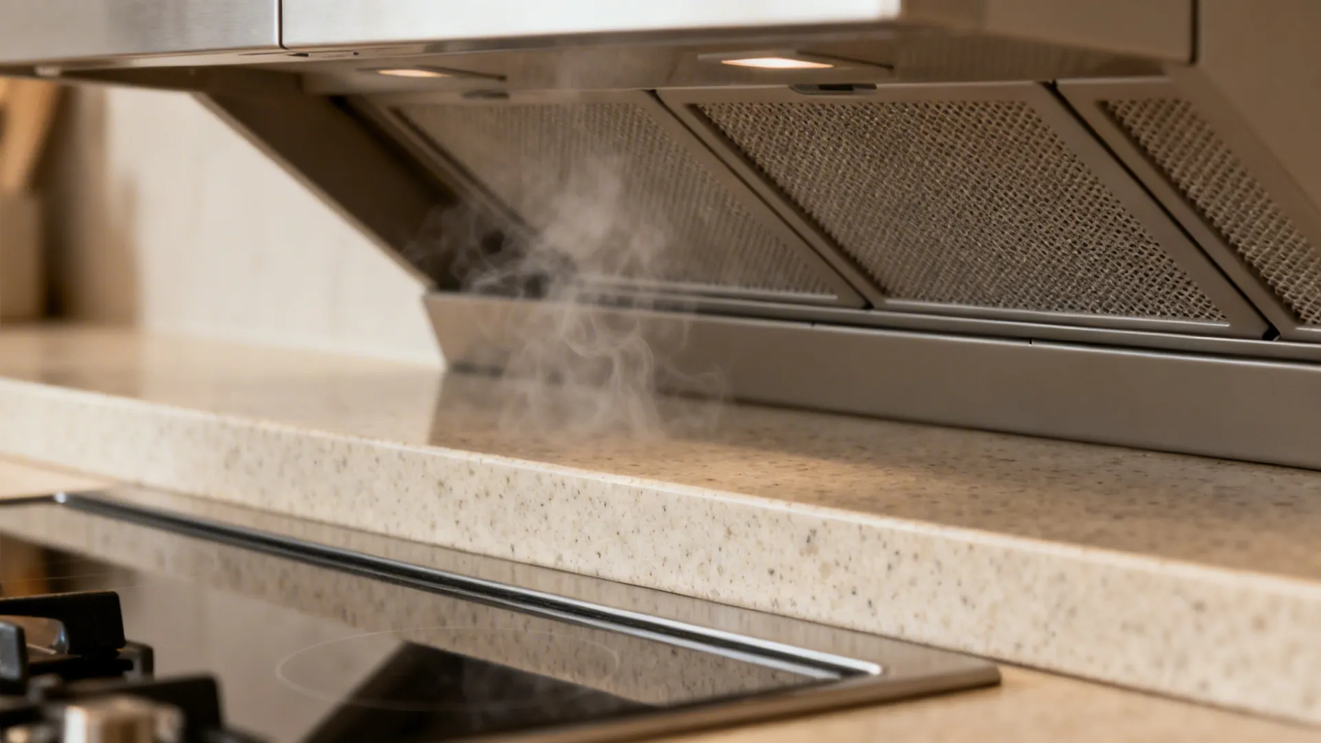 Macro of matte quartz edge near a cooktop and the underside of a ducted range hood with baffle filters.