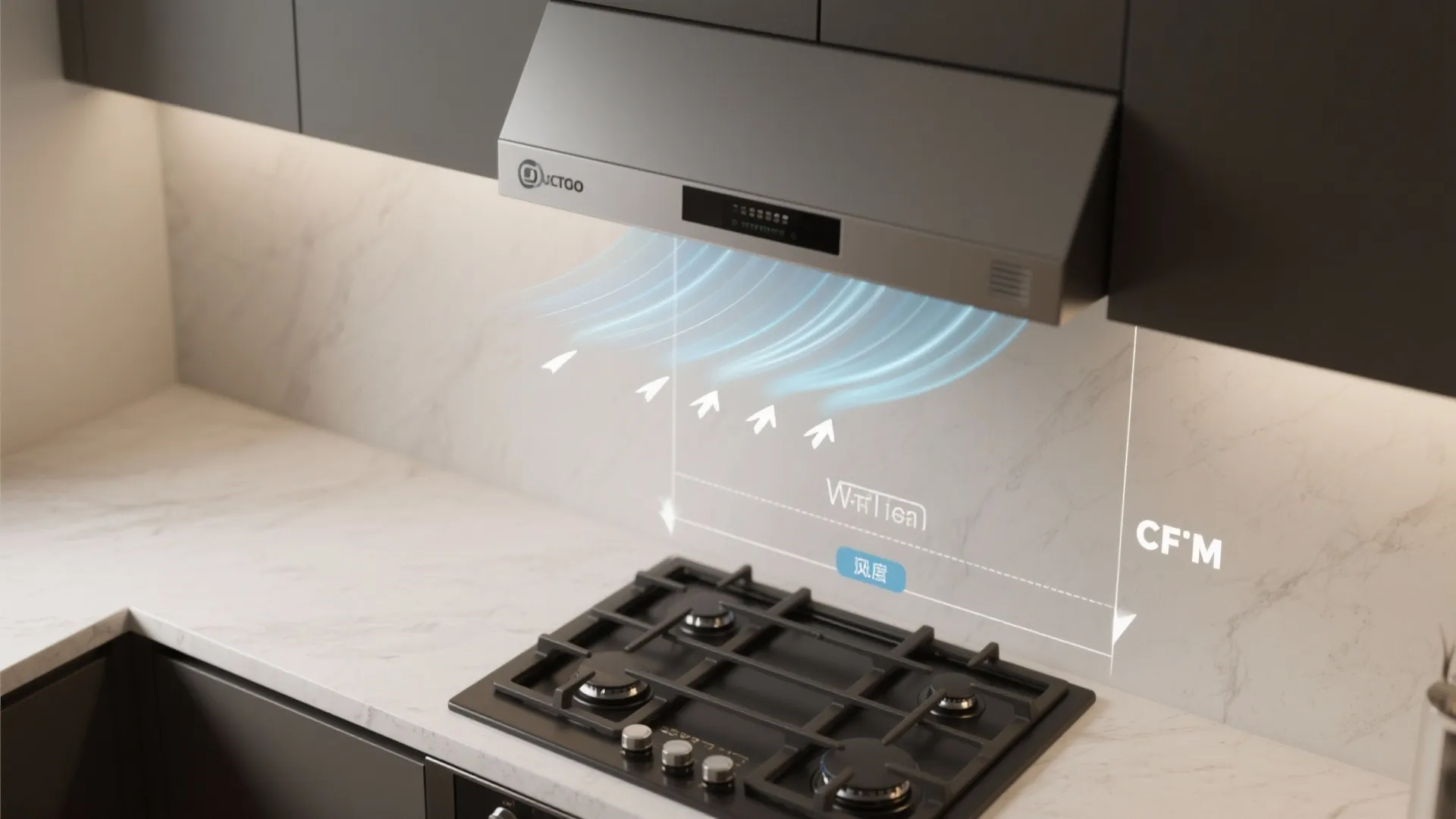 Infographic showing air flow suction power and measurement for a modern silver kitchen stove hood