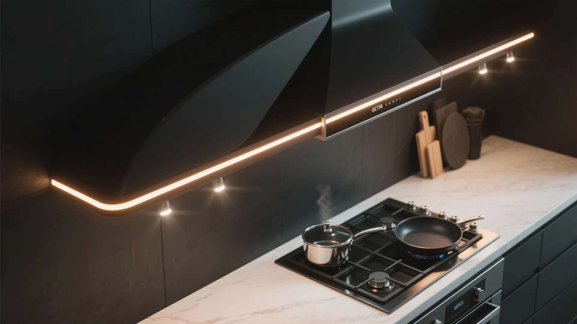 5. Black hood + smart lighting for drama and function