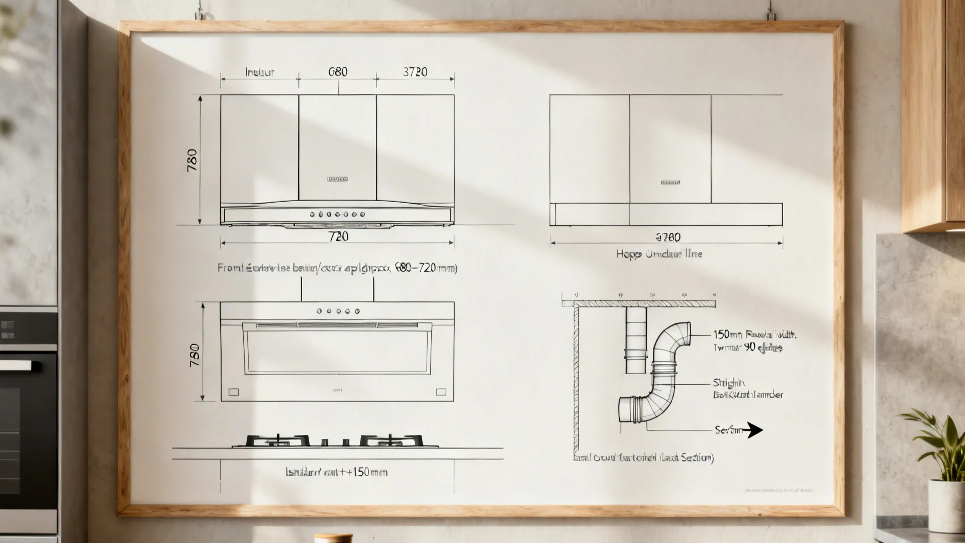 Technical elevation, plan, and section showing hood heights, clearances, and ducting.