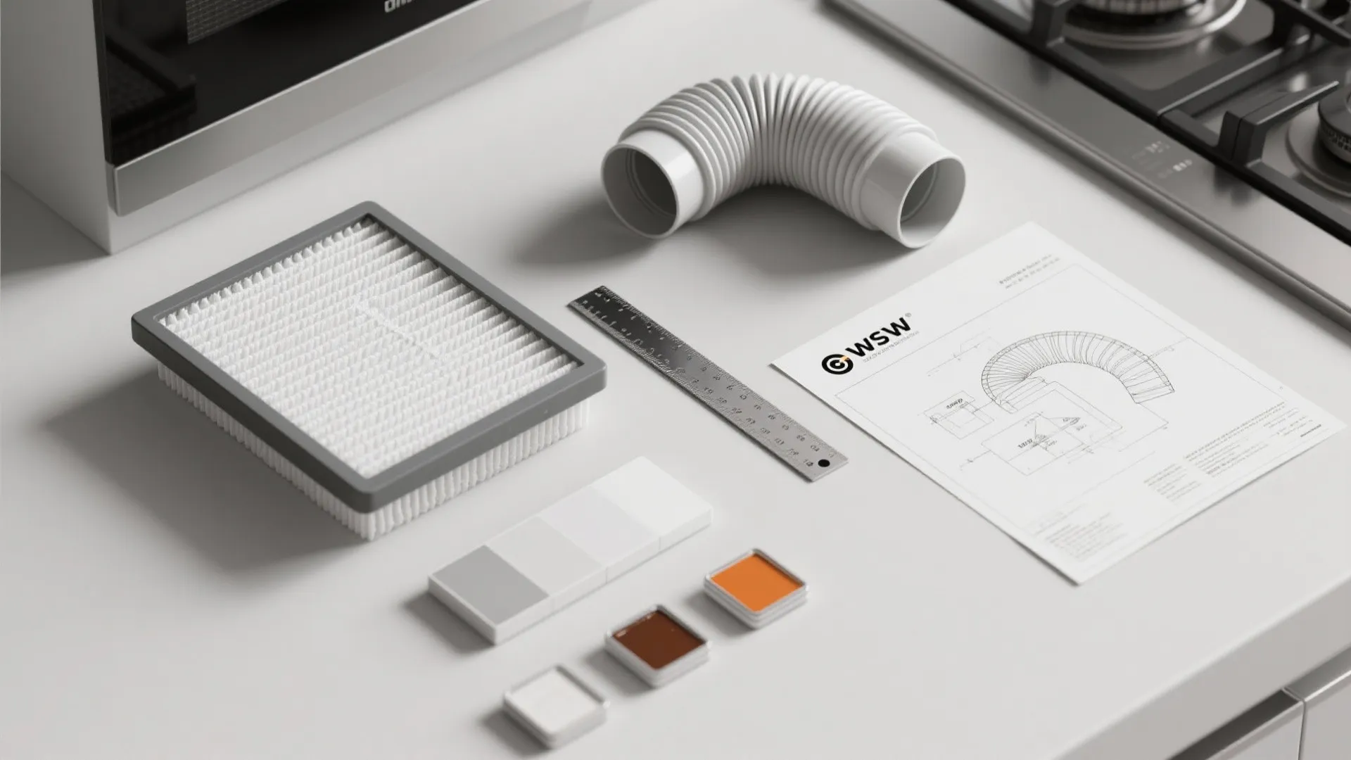 White kitchen parts including a filter and flexible pipe displayed on a clean white surface
