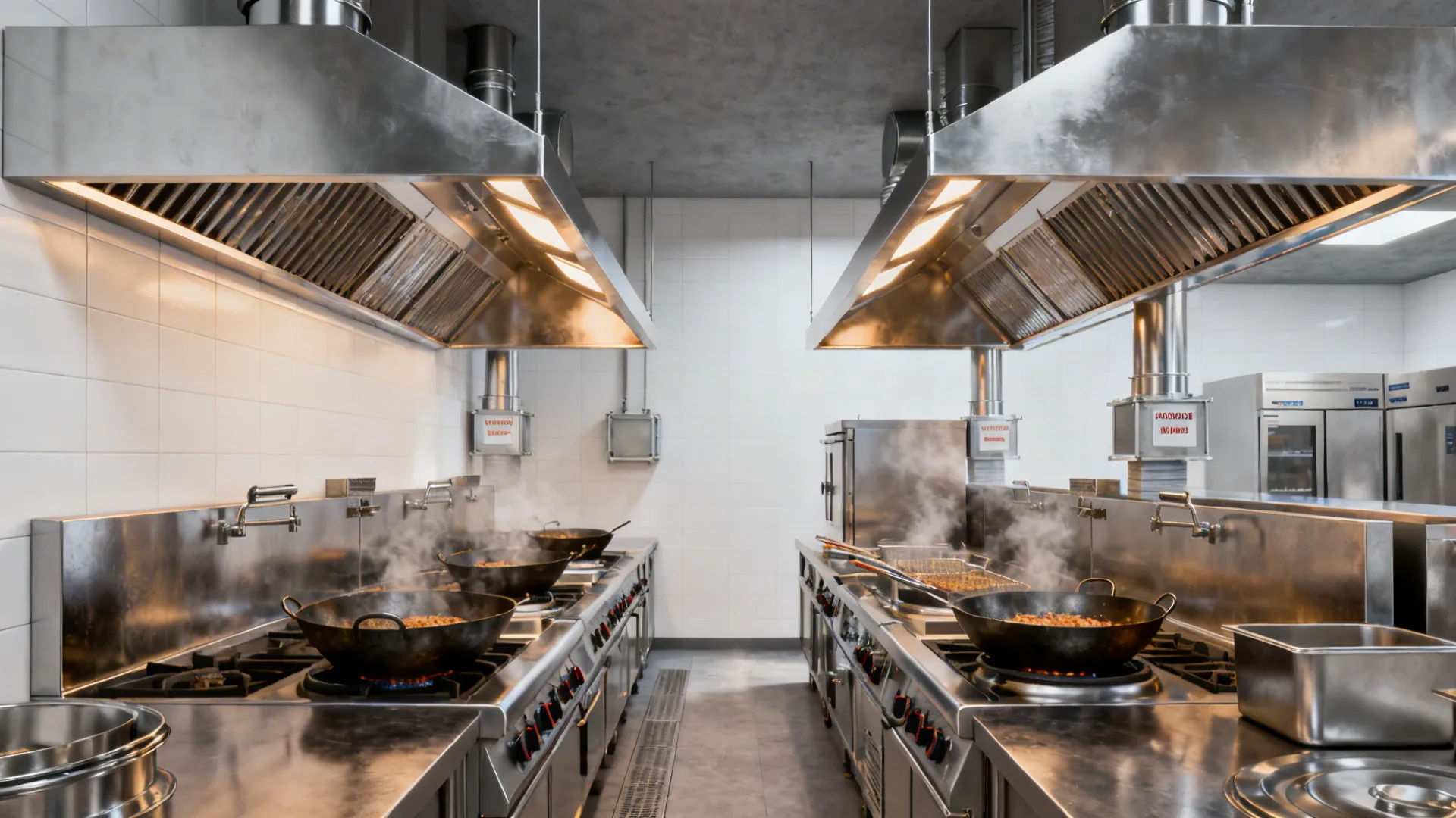 Split cookline with heavy and light duty zones under right-sized stainless hoods capturing steam effectively.
