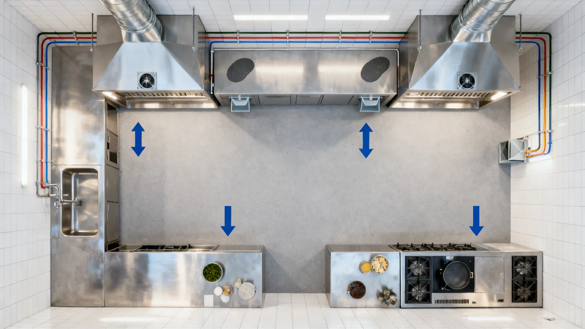 Top-down plan of a compact kitchen showing separated heavy and light duty hood zones with duct routes.