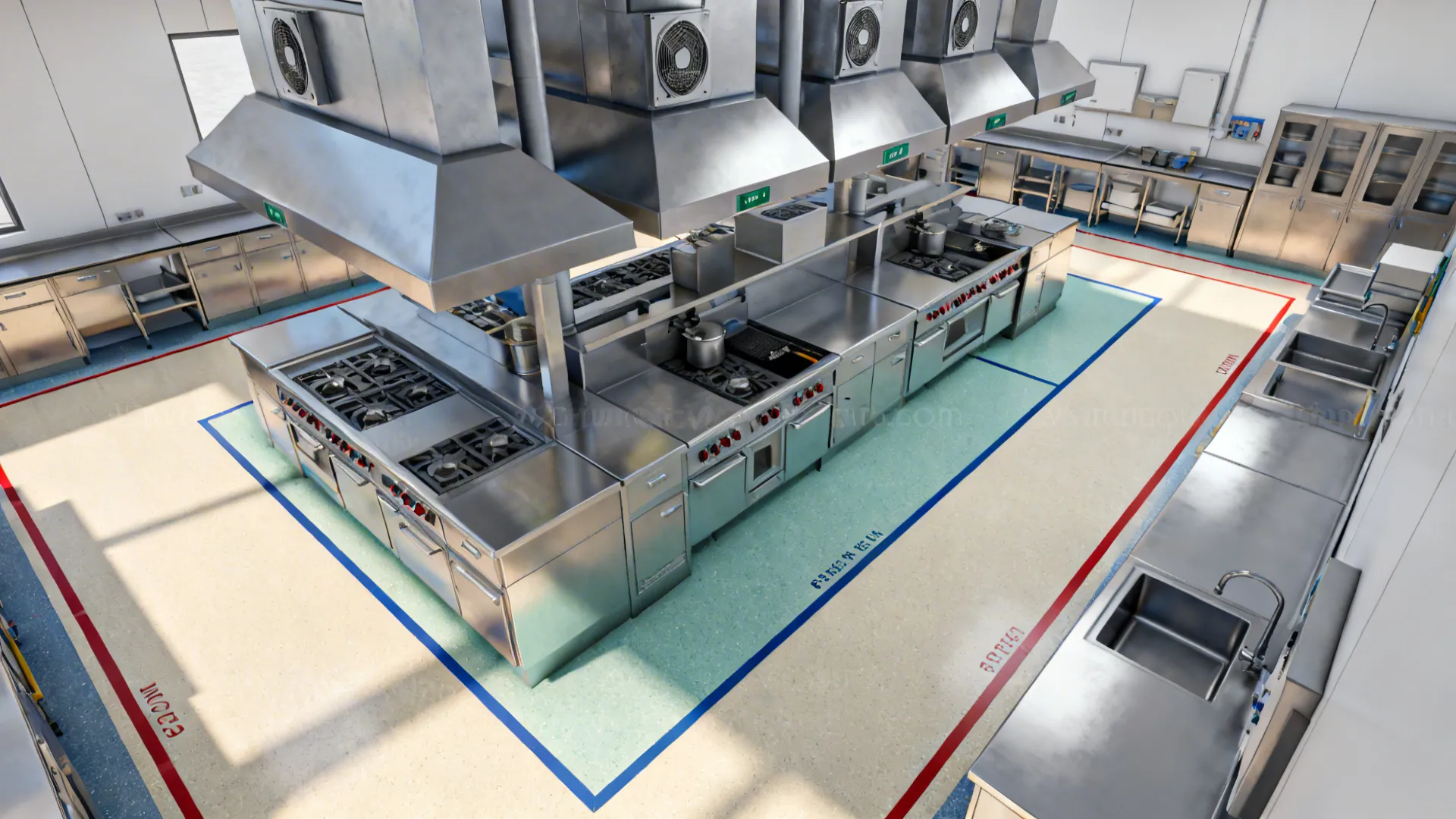Top-down view coordinating exhaust hoods, make-up air, and clearances over a cookline.