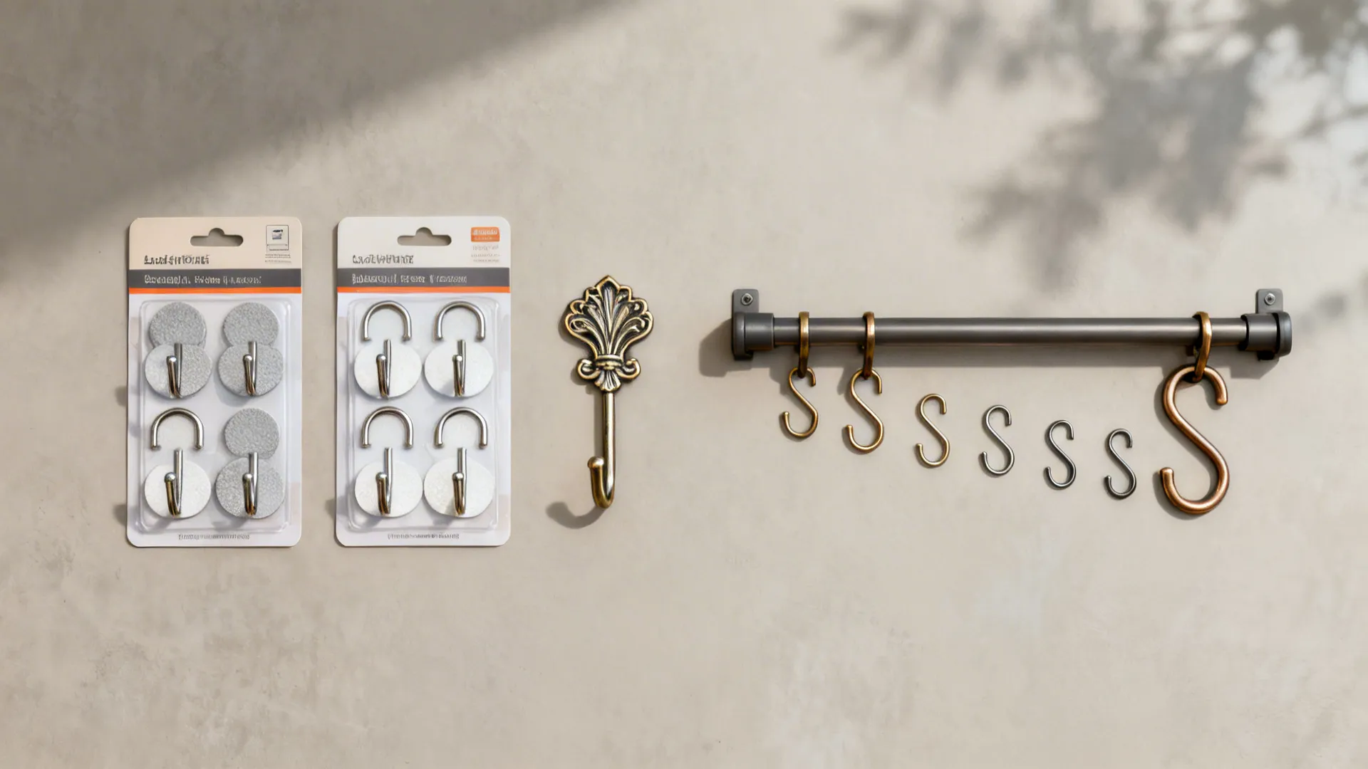 Flat lay showing adhesive hook packs, decorative hooks, and a slim rail with S-hooks.