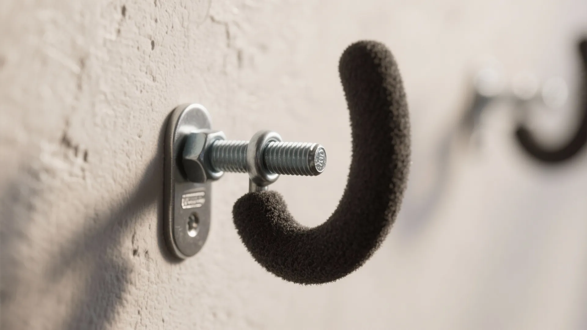 Close up of a black wall hook with soft padding mounted to a textured white wall