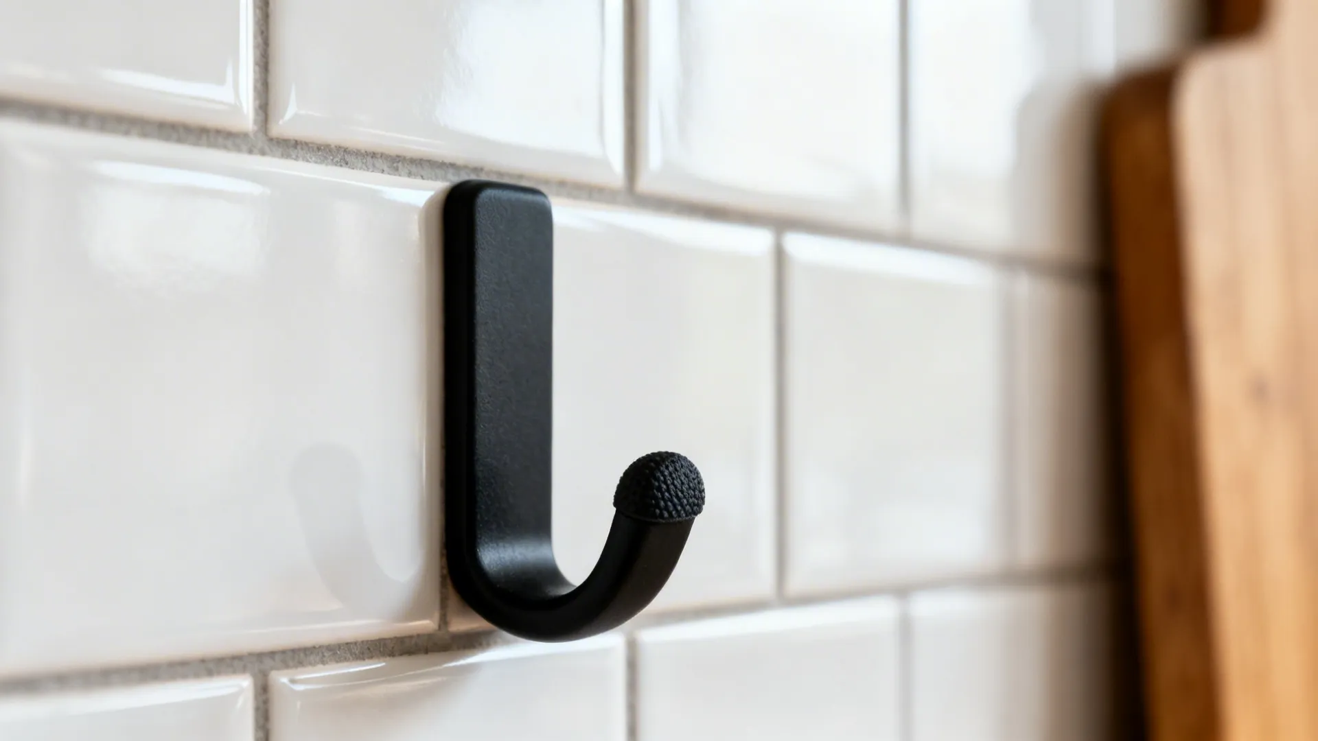 Close-up of a matte black rubber-tipped hook on glossy white tile with clean grout.