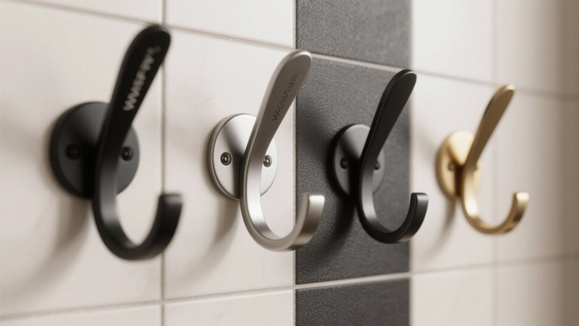 Close-up montage of powder-coated and adhesive black hook finish samples on tile.