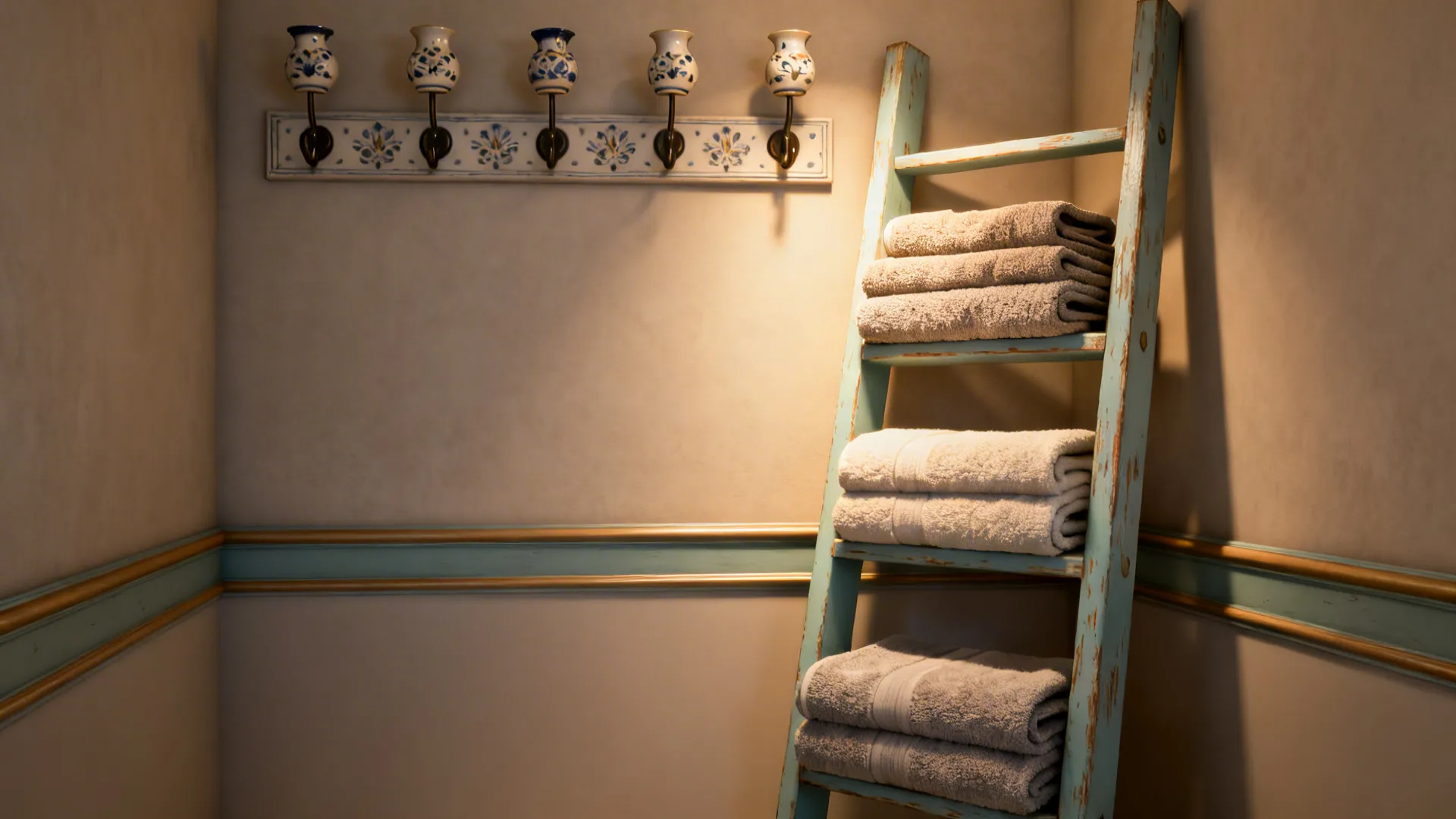 Decorative hooks paired with a slim leaning ladder holding folded towels in a small bathroom corner.