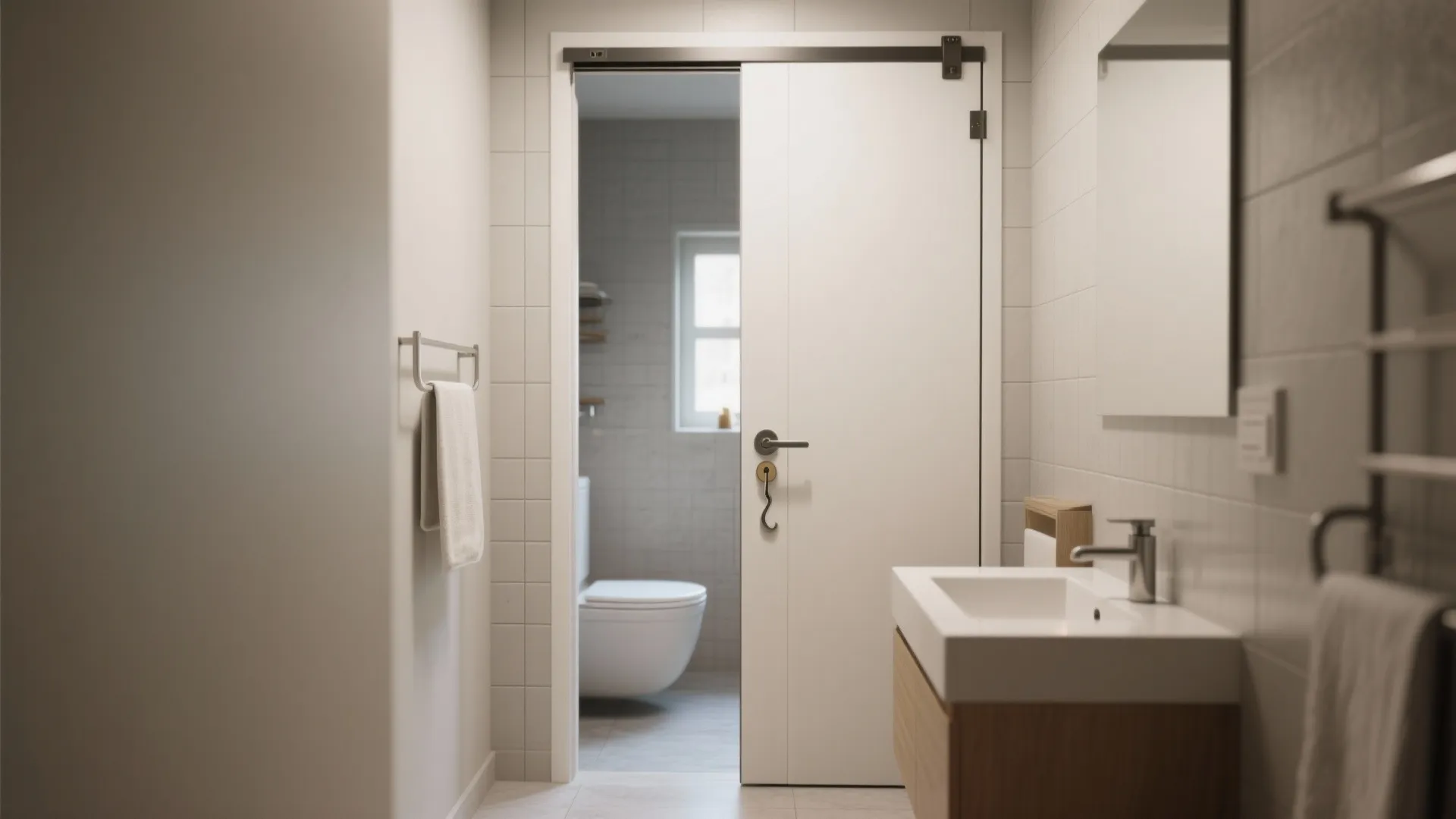 Modern bathroom featuring a white sliding door with hook lock sink cabinet and toilet view