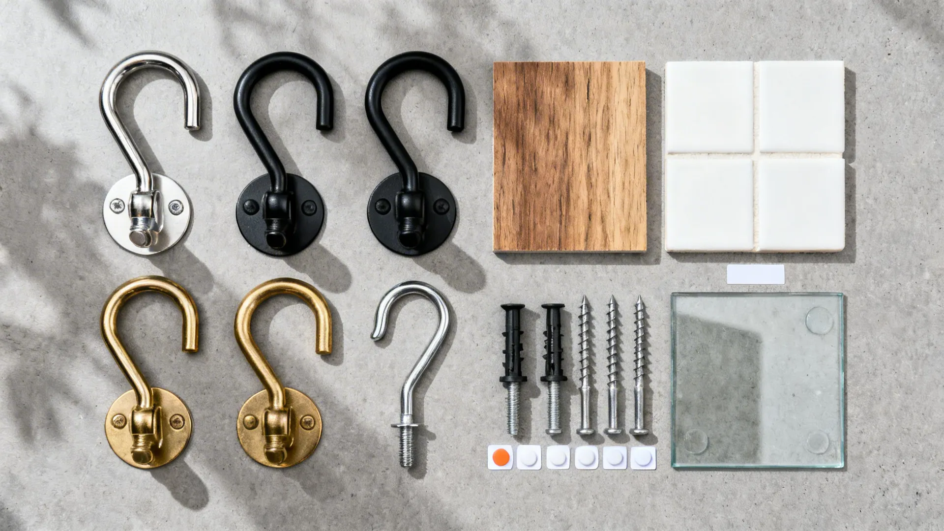 Top-down flat lay of stainless, matte black, and brass hooks with anchors and pads.