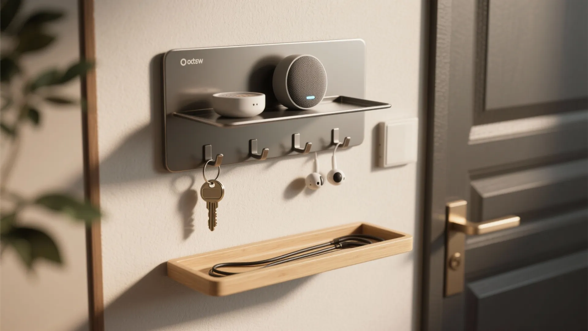 Slim multipurpose wall plate with a charging tray holding a compact smart speaker and hooks for keys.