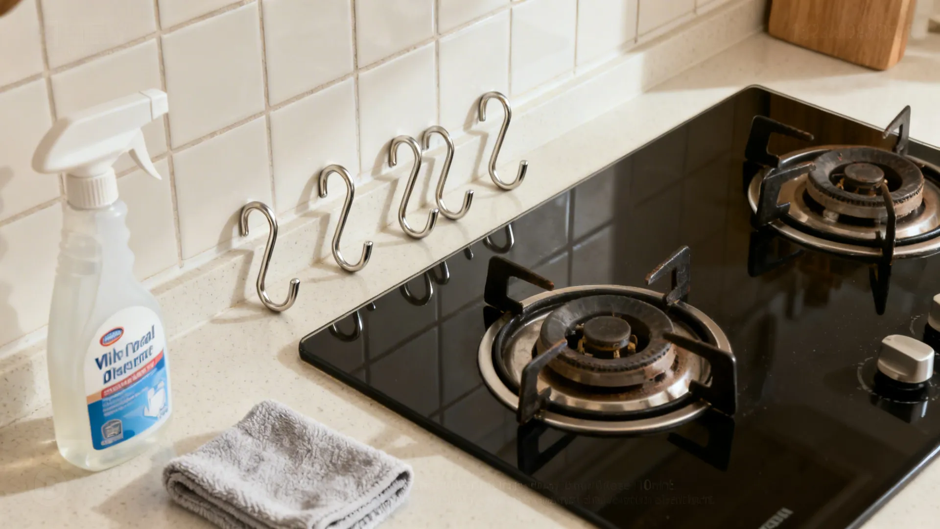 Top-down view showing hooks placed away from heat with cleaner and microfiber cloth.