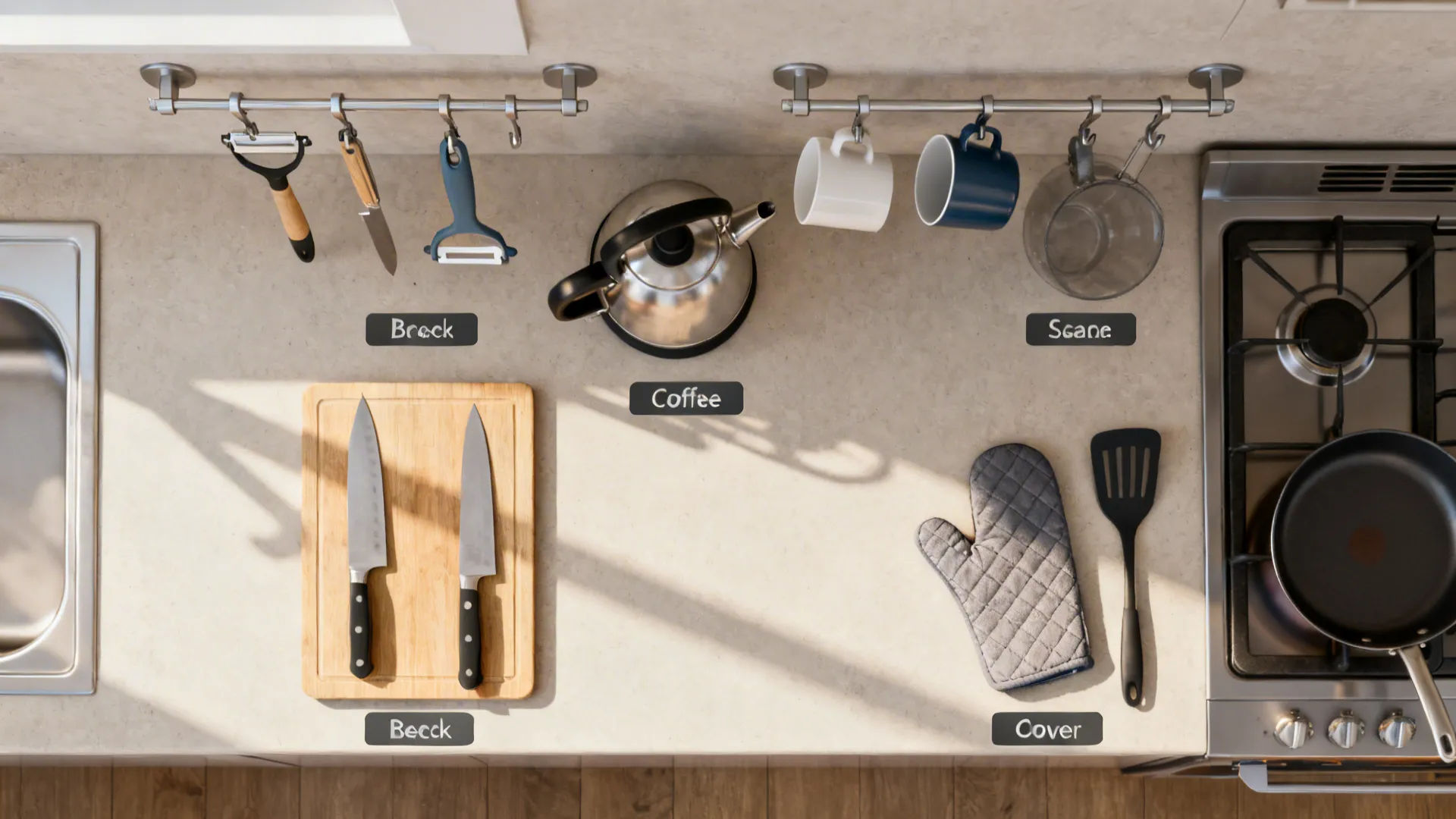 Top-down view of kitchen zones with hooks for prep tools, mugs, and mitts.