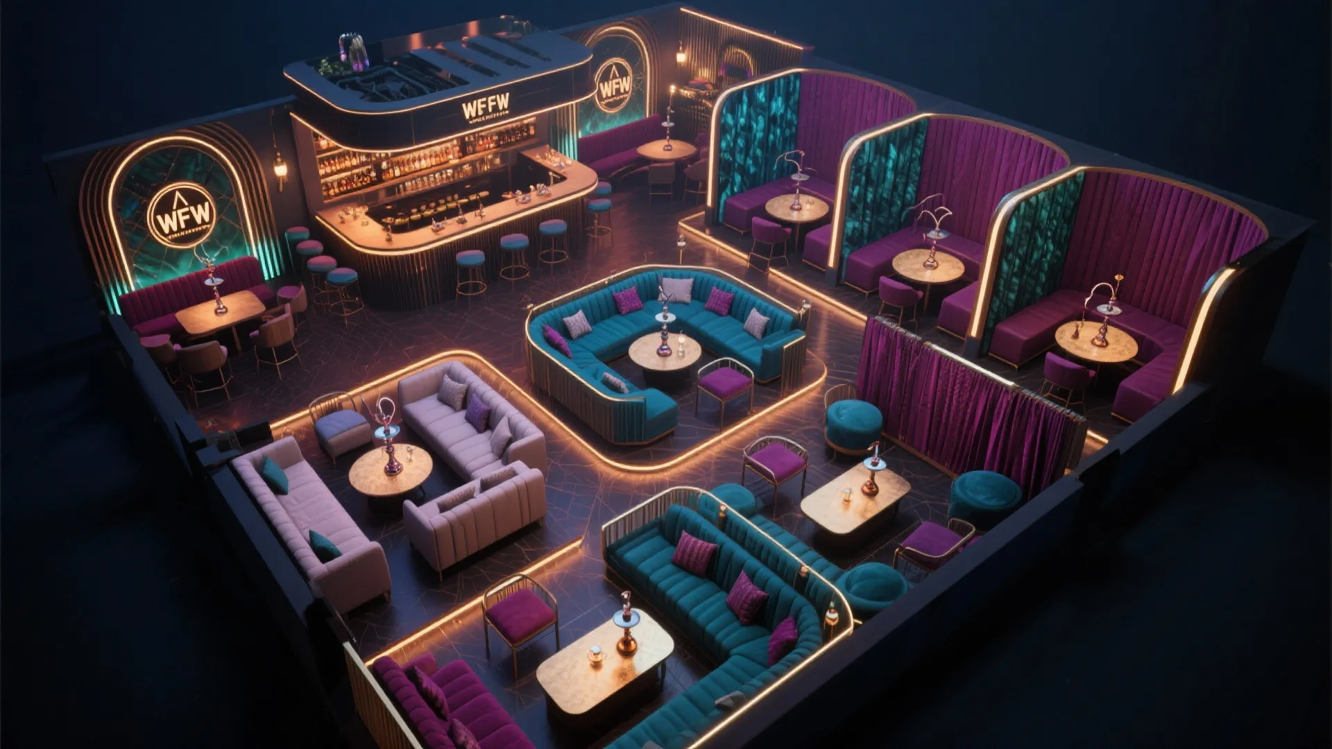 Interior design drawing of a lounge room layout with bar area sofas tables and private booths