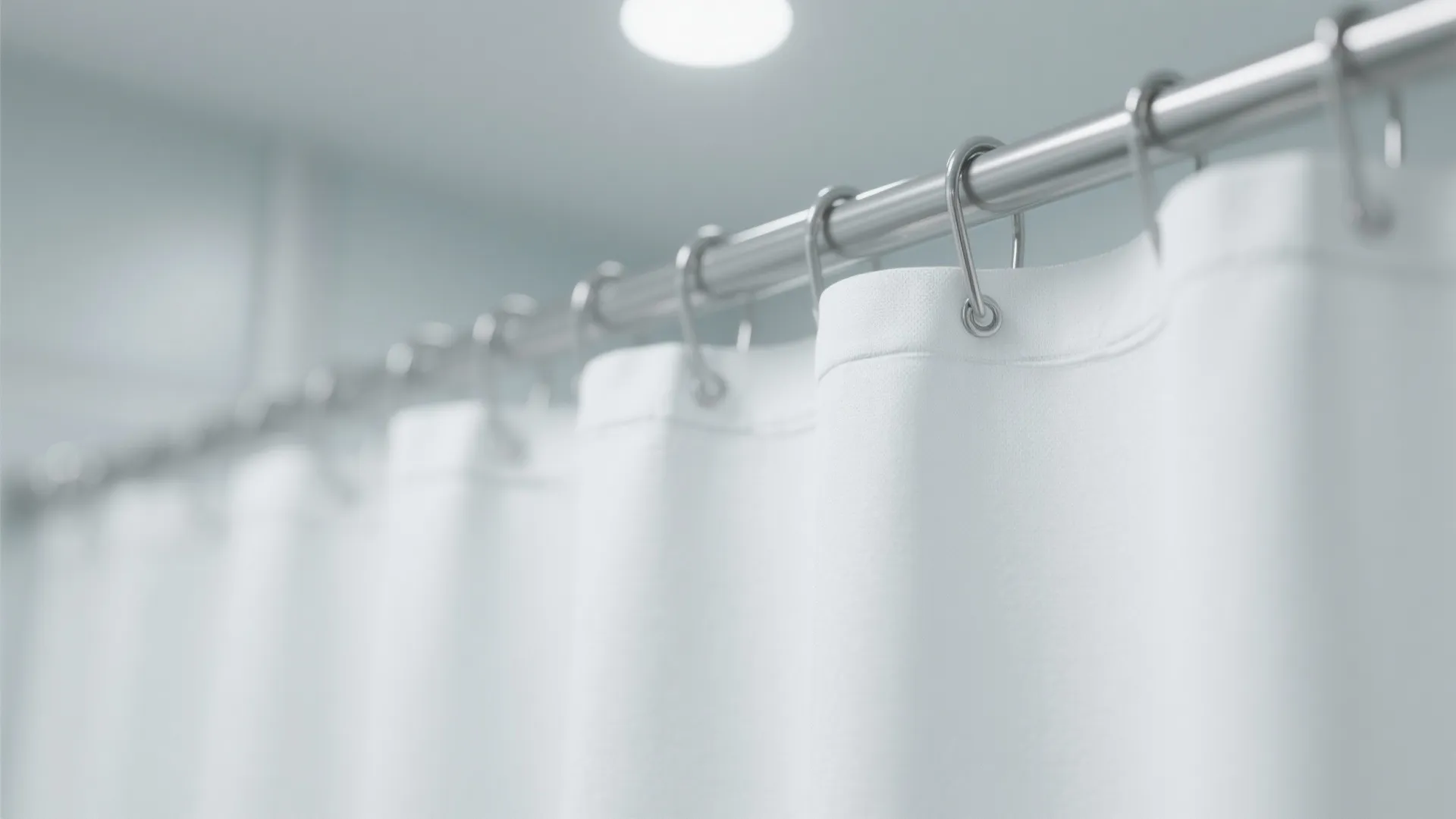 Close up of a white fabric shower curtain hanging on a metal rod with silver rings