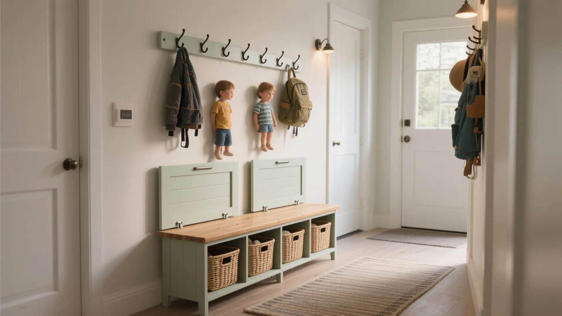 Wall-Mounted Hooks + Hidden Bench Storage