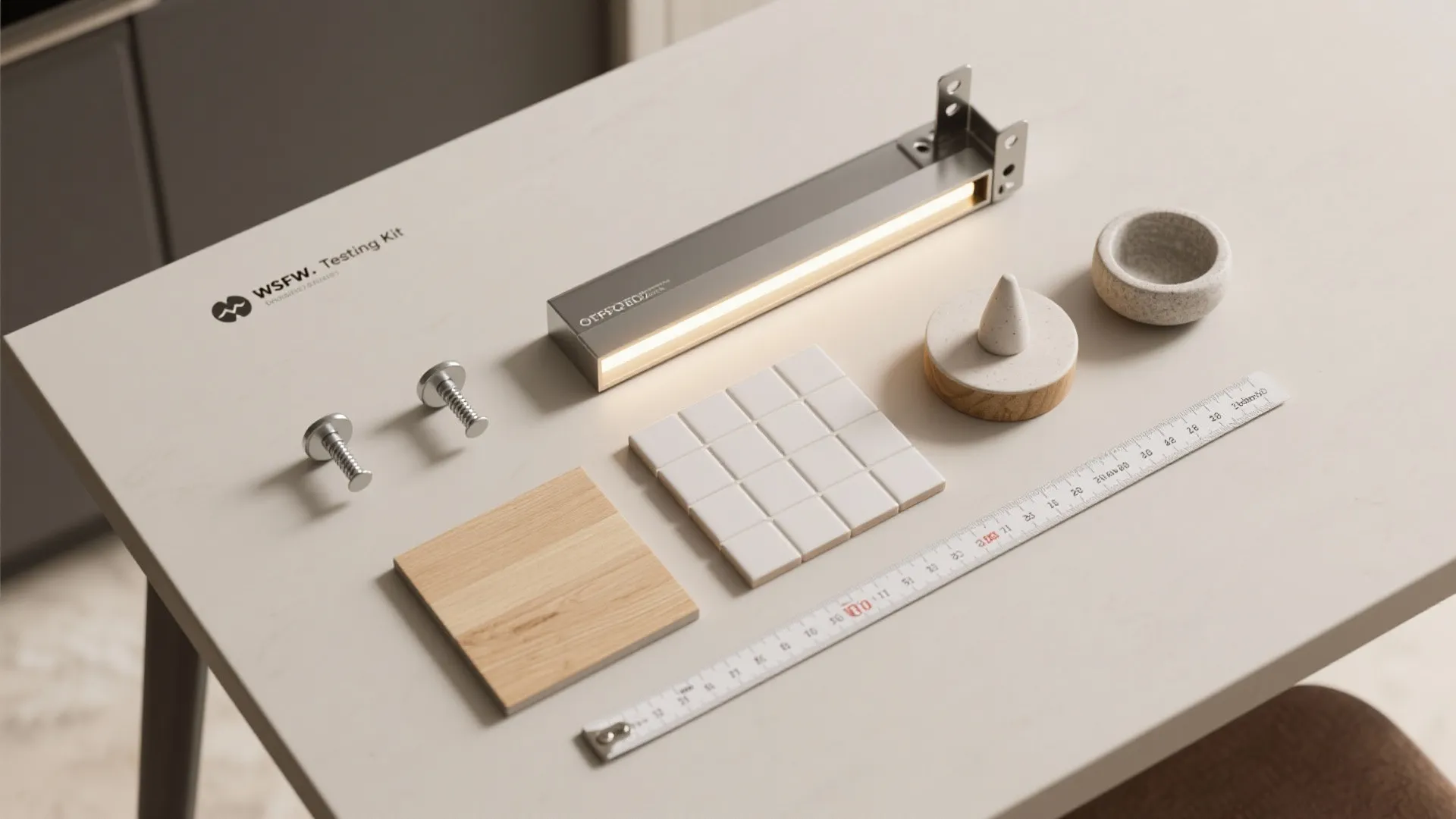 Testing kit with light fixture wood sample white tiles and ruler on a white desk