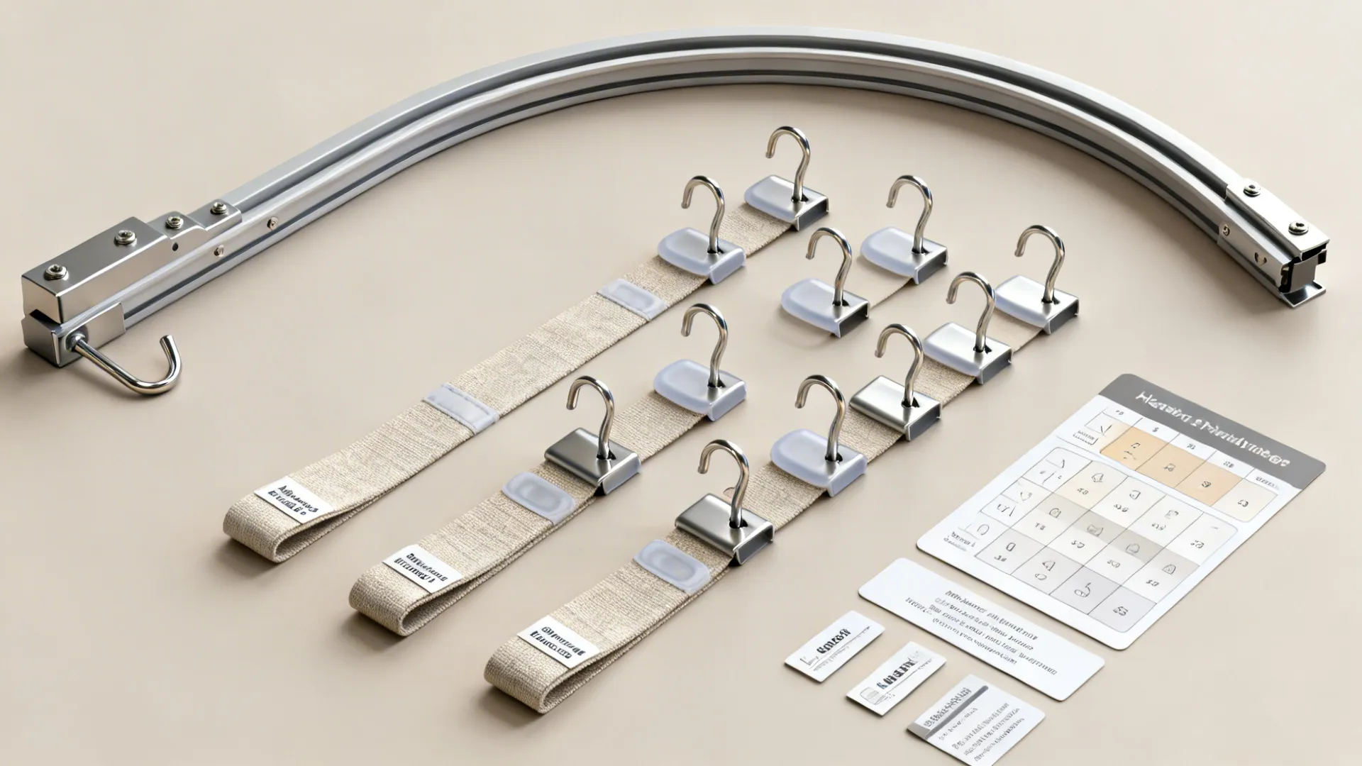 Flatlay of different curtain hooks and accessories with labels showing recommended uses.
