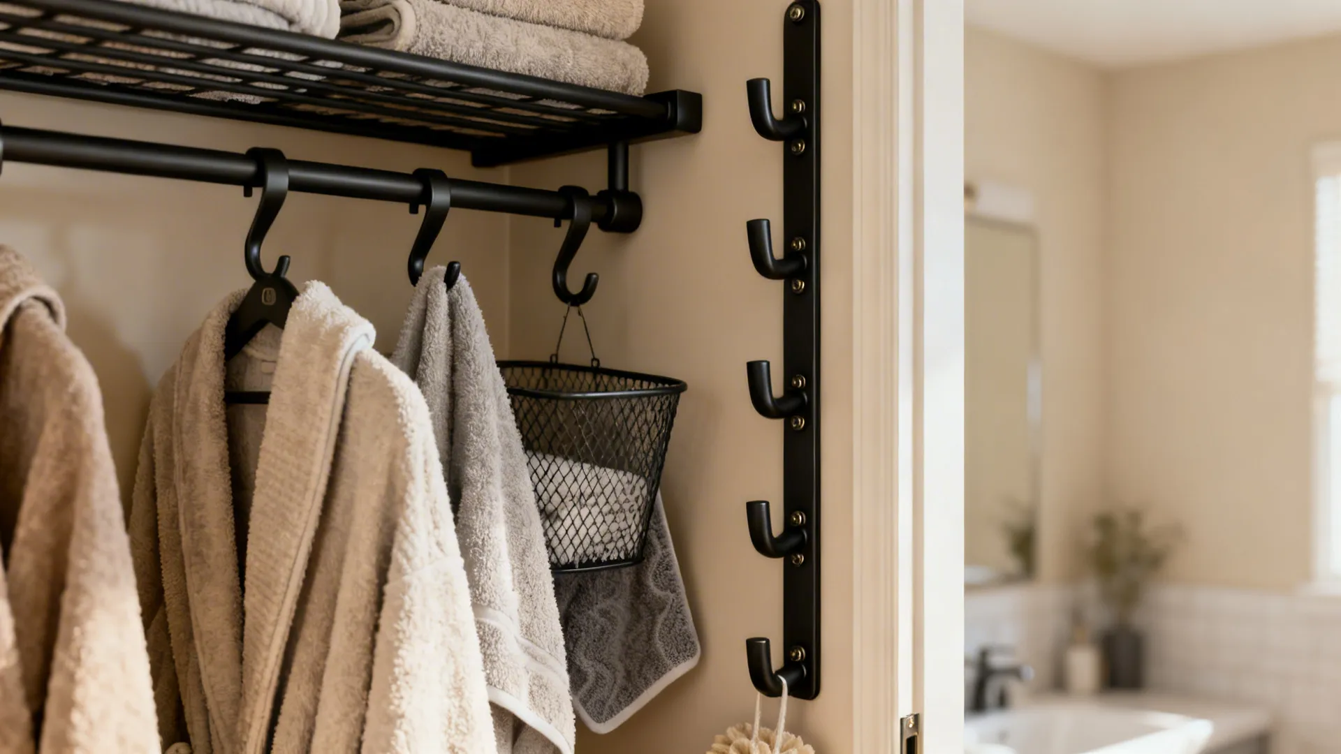 Over-the-door rack and vertical hooks holding robes and towels in a small bathroom corner.