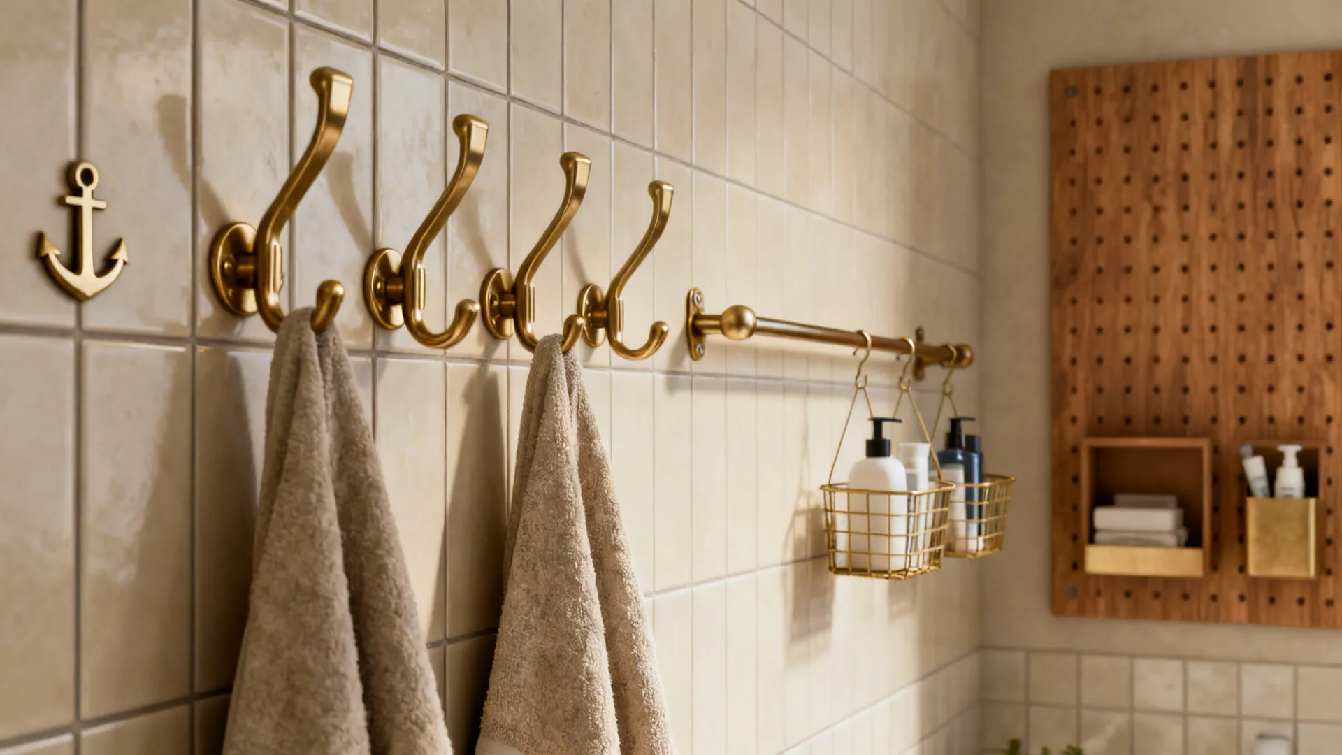 Brass staggered hooks and a slim rail with baskets provide functional wall storage.
