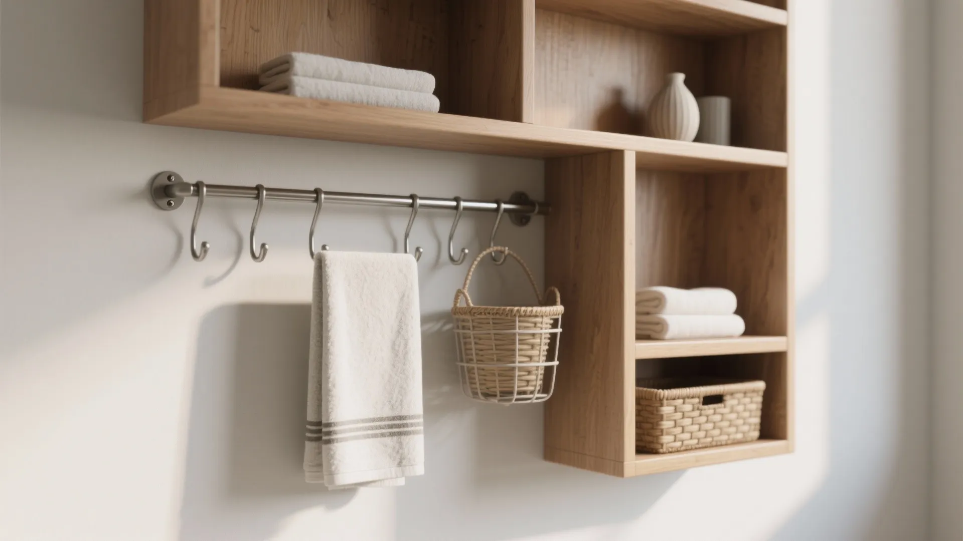 Minimalist shelf with under-shelf hooks, a slim rail and a hanging basket, maximizing storage in a small bathroom.