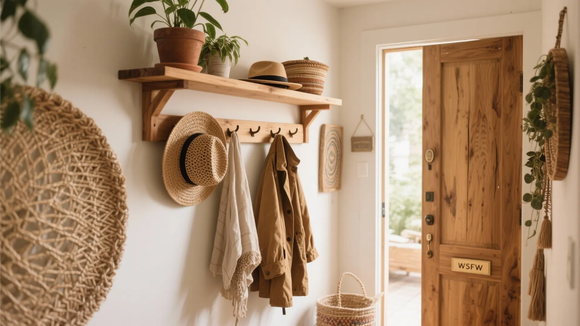 Entry with wooden hooks and shelf above displaying plants